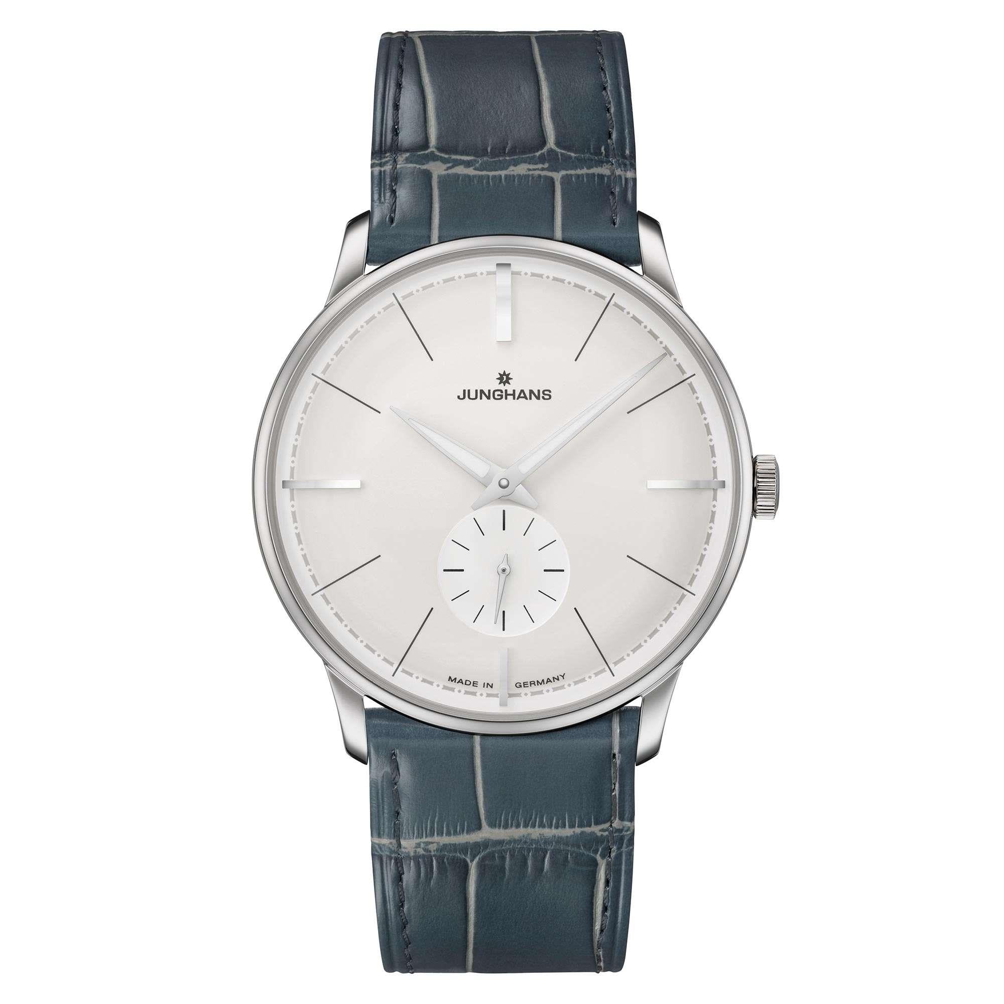 Junghans Meister Classic Terrassenbau Silbernes Zifferblatt Grünes Lederarmband Herren Uhr 027/3000.02
