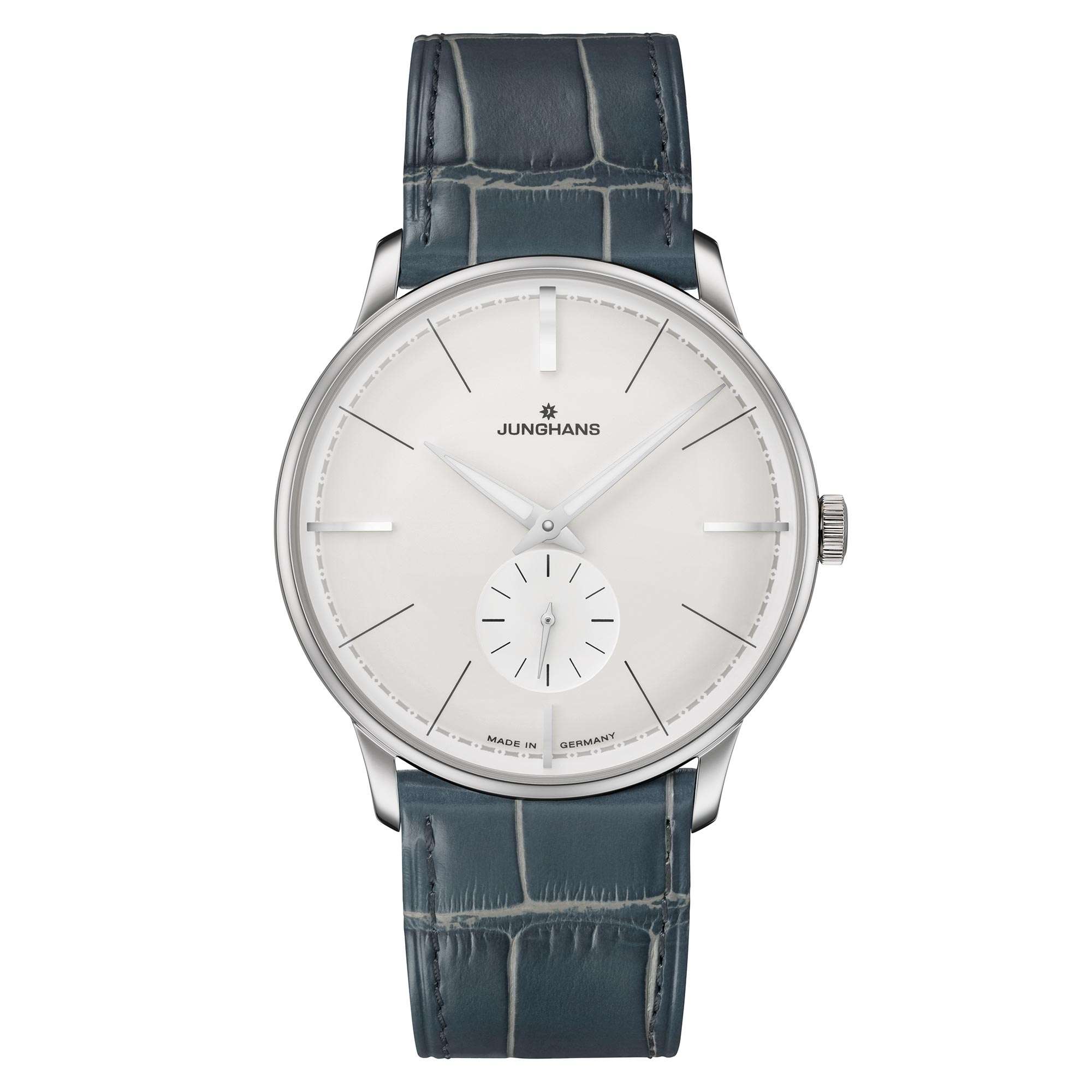 Junghans Meister Classic Terrassenbau Silbernes Zifferblatt Grünes Lederarmband Herren Uhr 027/3000.02