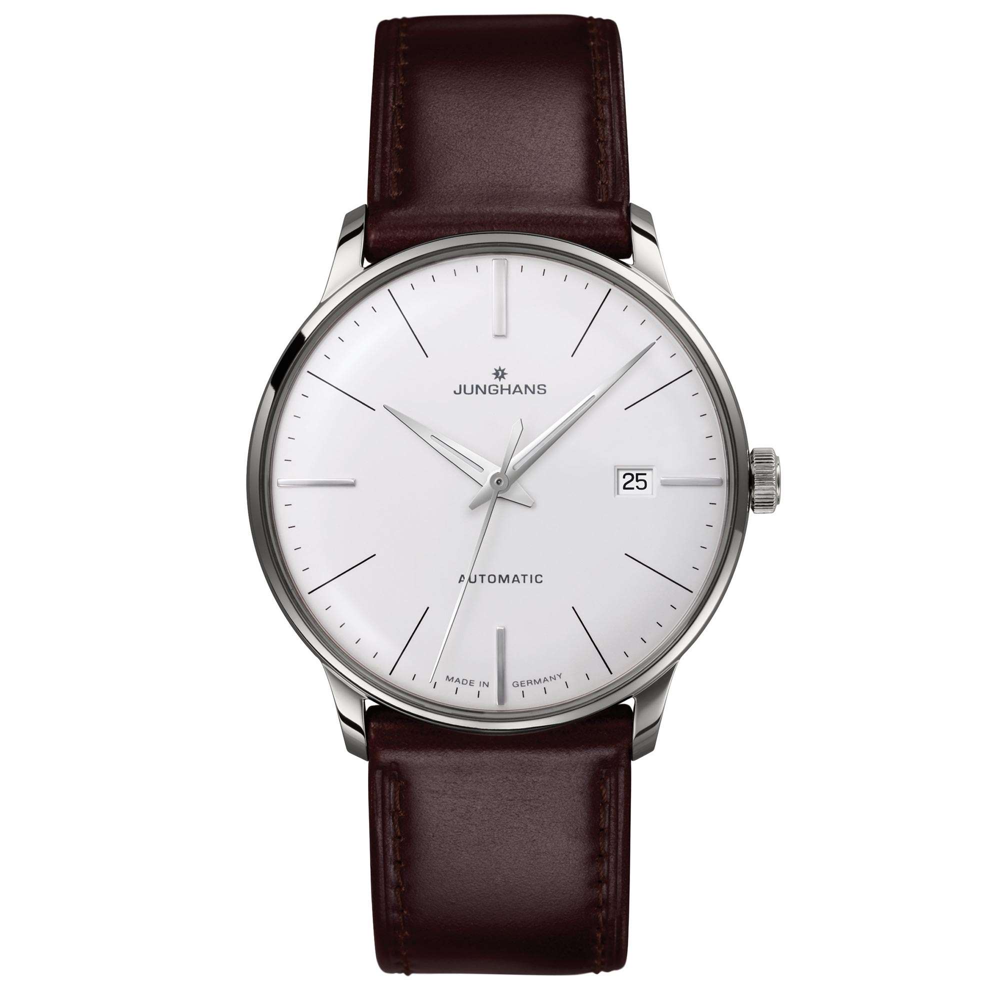 Junghans Meister Classic Automatik Silbernes Zifferblatt Braunes Lederarmband Herren Uhr 027/4310.00