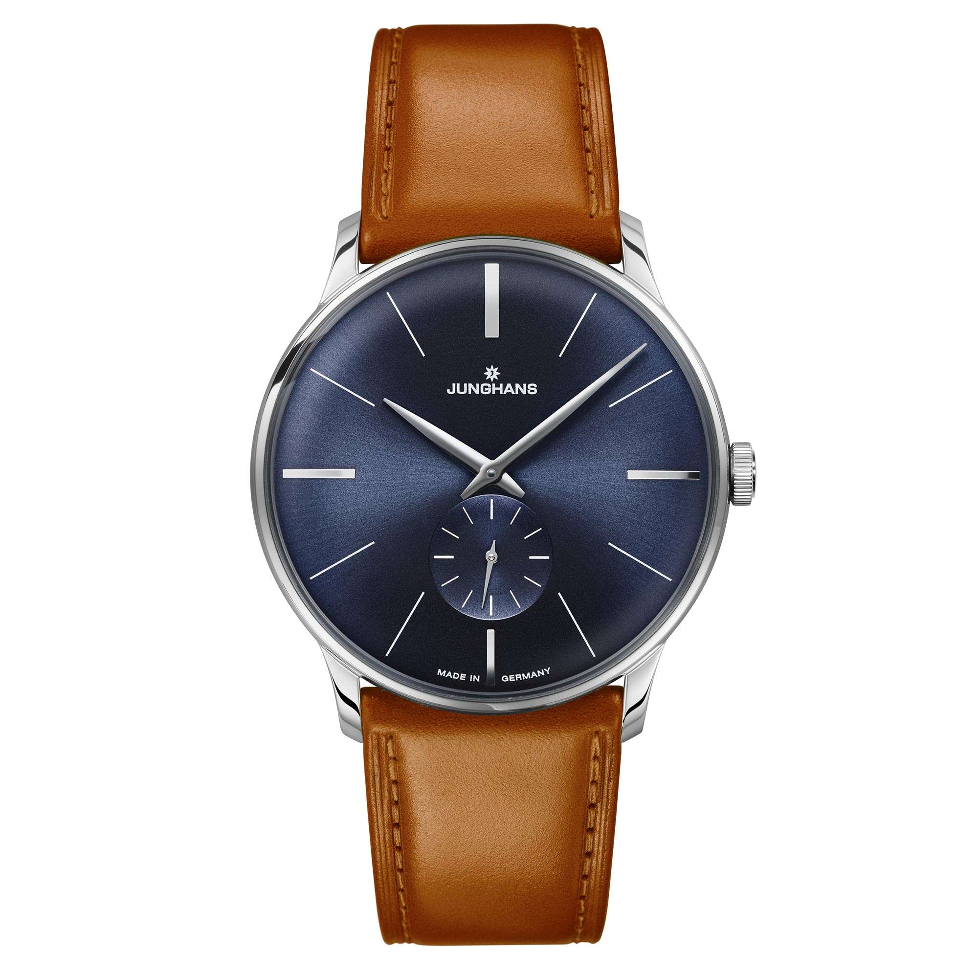 Junghans Meister Mechanische Handaufzug Blaues Zifferblatt Braunes Lederarmband Herren Uhr 027/3504.00