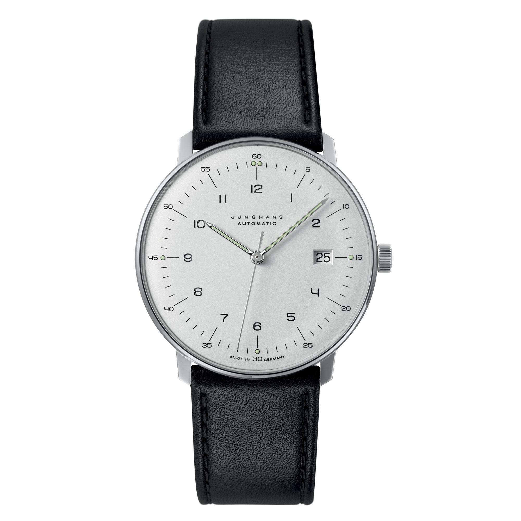 Junghans Max Bill Automatik 027/4700.02 Silbernes Zifferblatt Schwarzes Lederarmband Herren Uhr