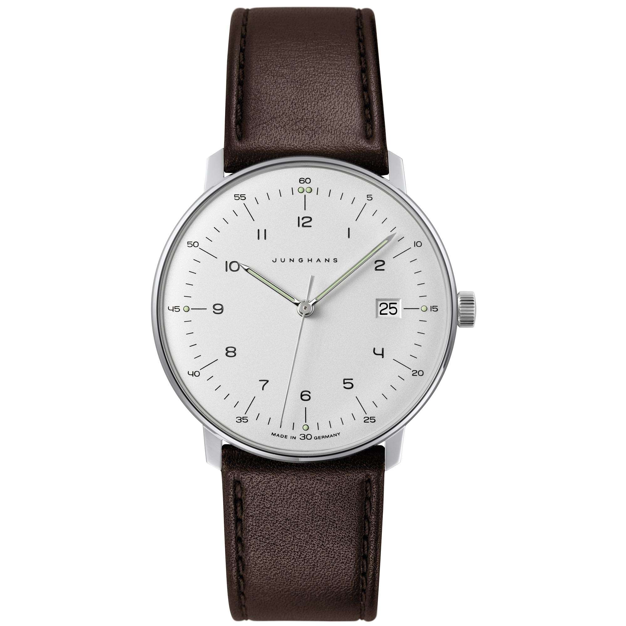 Junghans Max Bill Quarz 041/4461.04 Silbernes Zifferblatt Braunes Lederarmband Herren Uhr