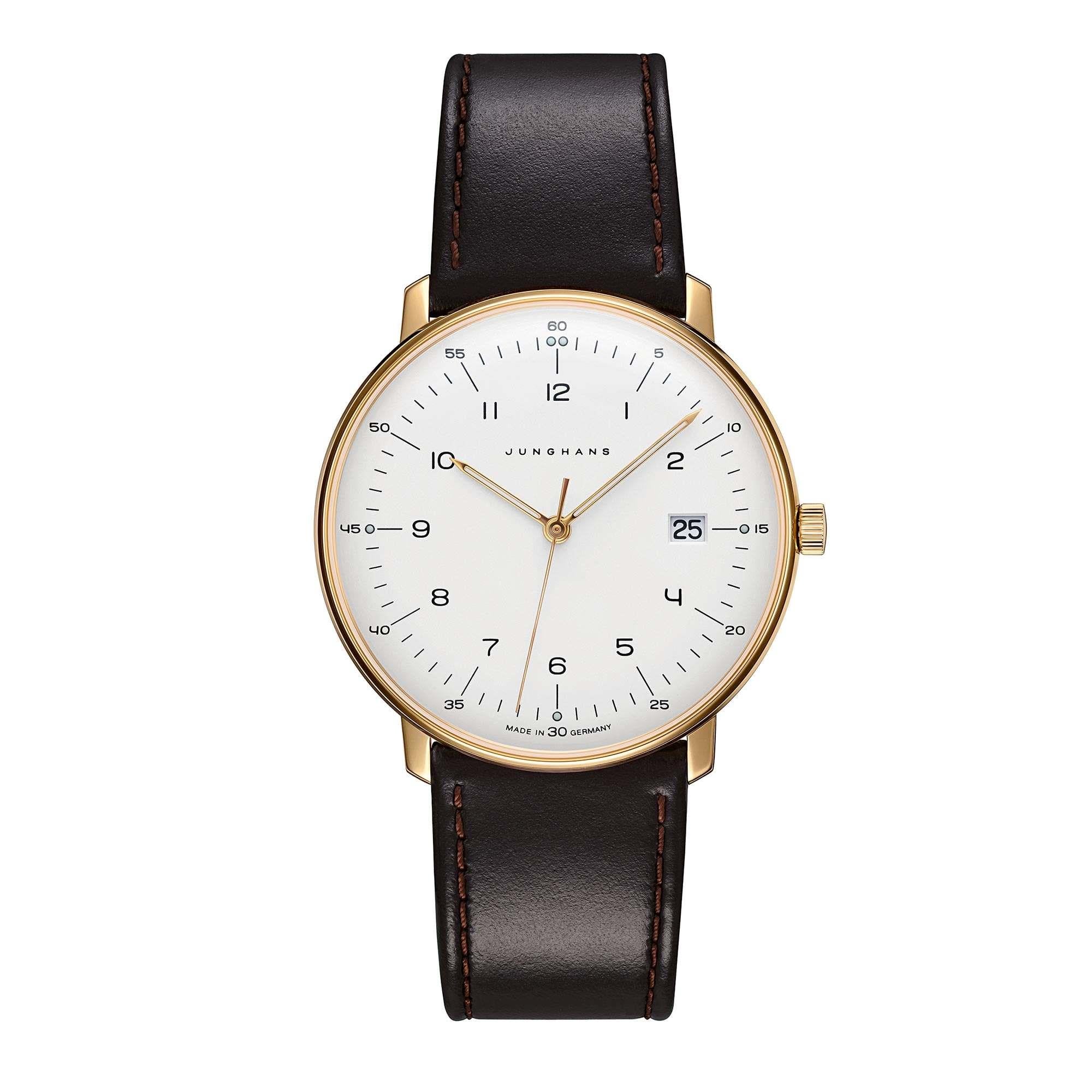 Junghans Max Bill Quarz 041/7872.04 Silbernes Zifferblatt Braunes Lederarmband Herren Uhr