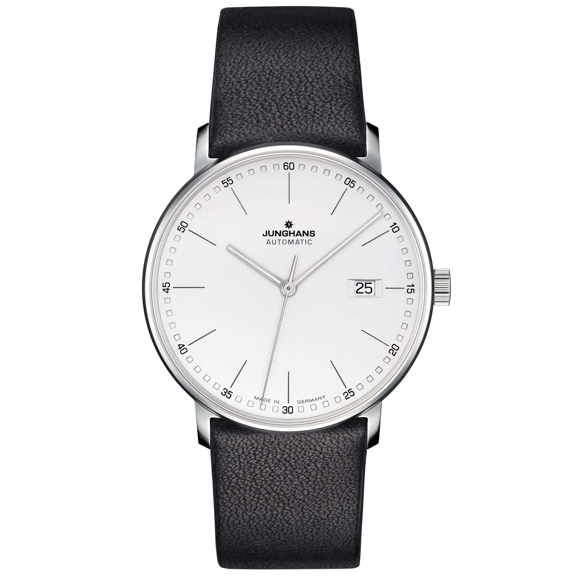 Junghans Form A Automatik Silbernes Zifferblatt Schwarzes Lederarmband Herren Uhr 027/4730.00