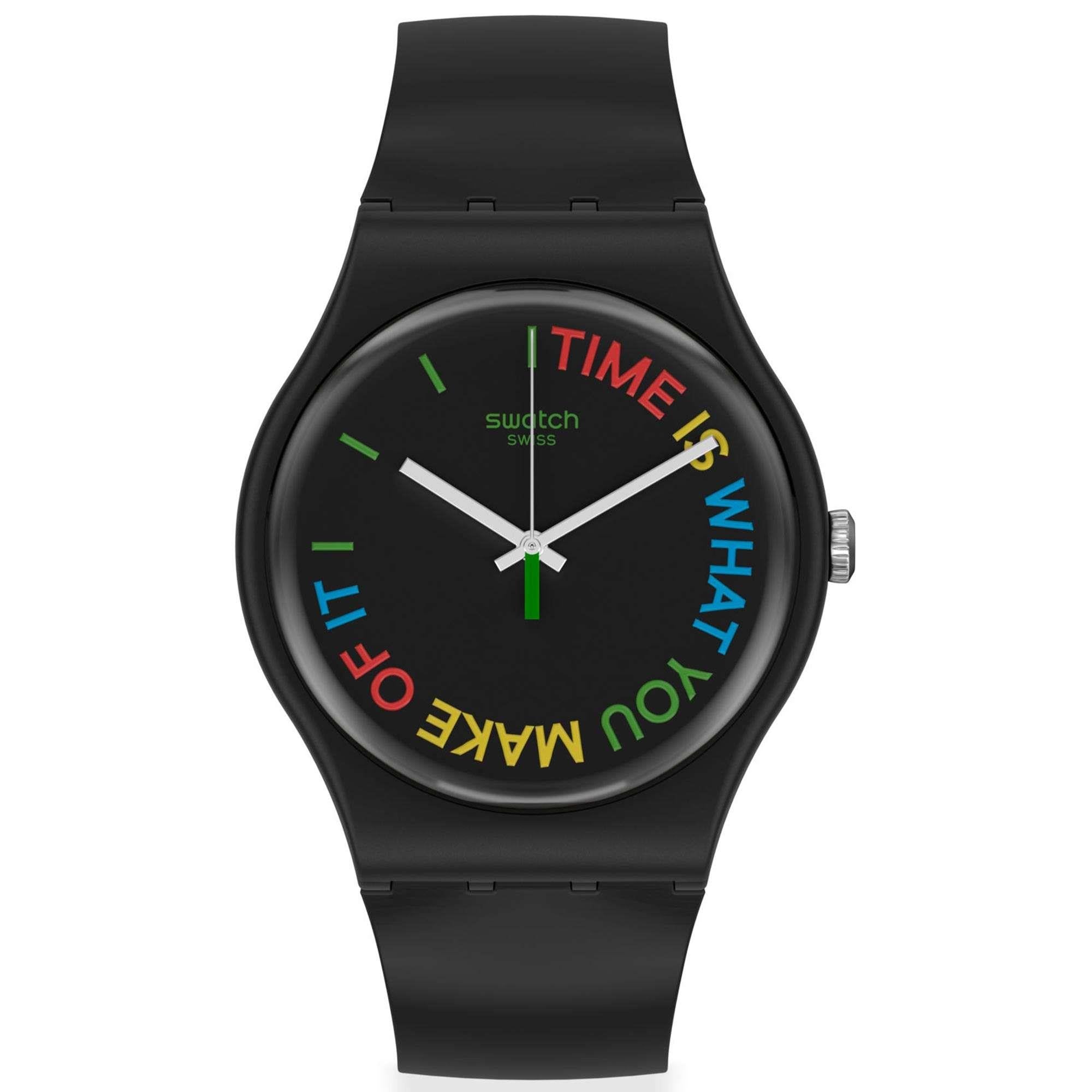 Swatch FREETID Quarz Schwarzes Zifferblatt Biobasierter Kunststoffarmband Uhr SO29B103