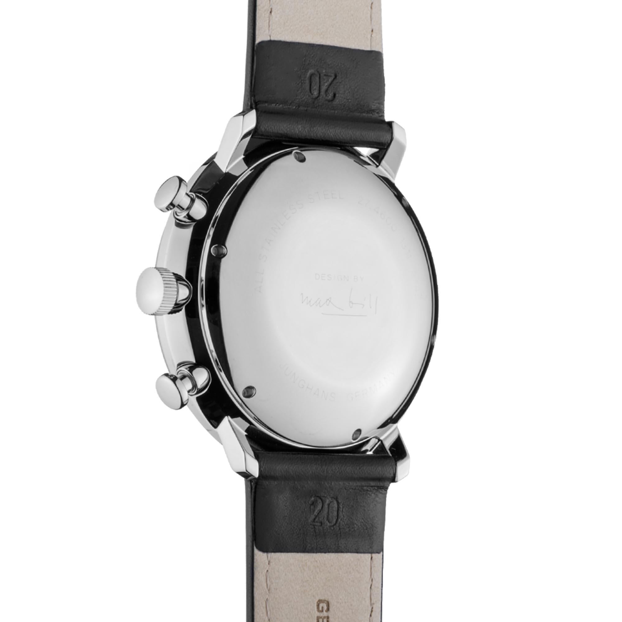 Montre Homme Junghans Max Bill Chronoscope Cadran Argent Bracelet Cuir Noir 27/4600.04