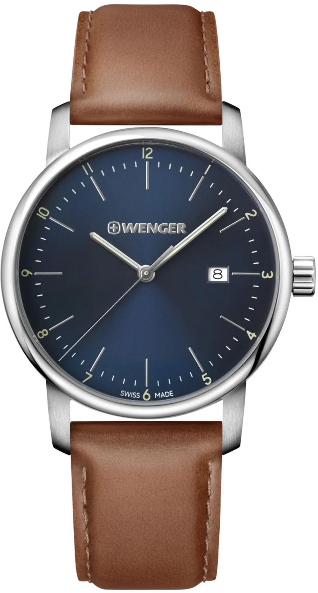 Wenger Urban Classic Quarz Blaues Zifferblatt Braunes Lederarmband Herren Uhr 01.1741.111