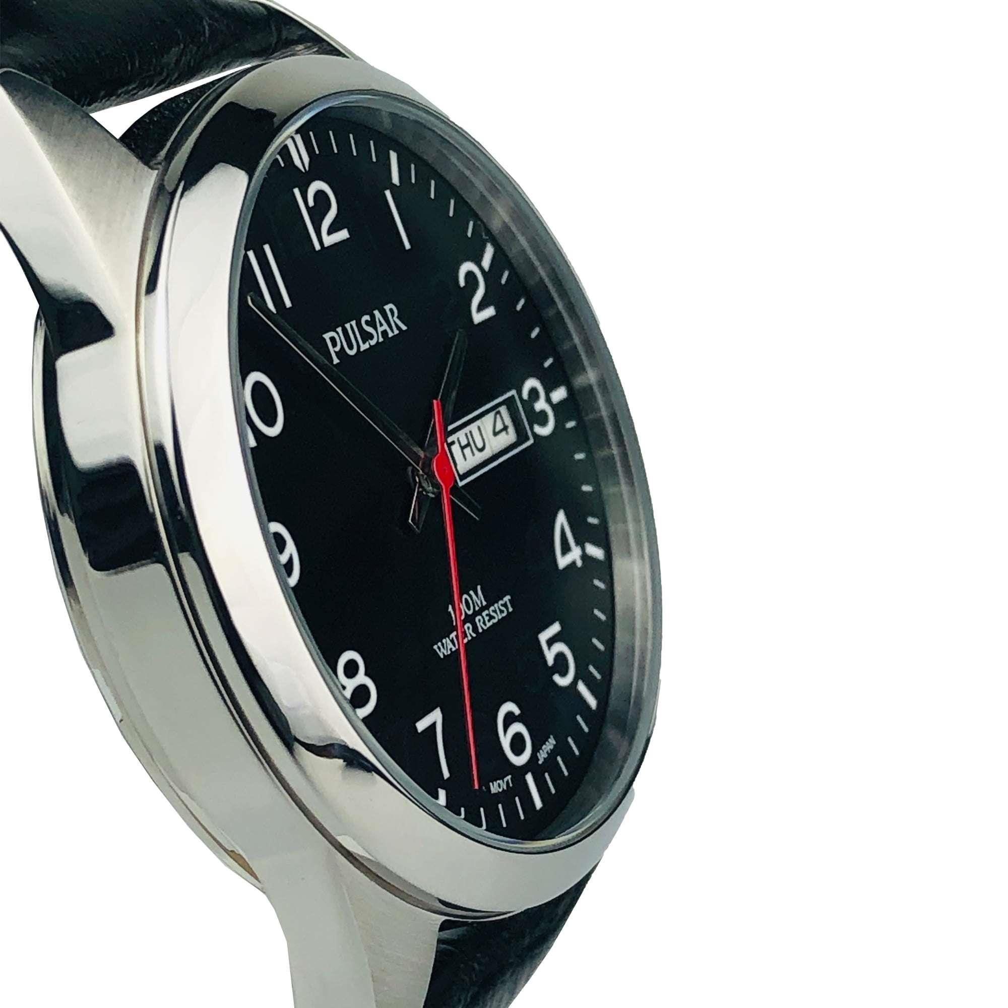 Pulsar Klassische Quarz Silbernes Edelstahlgehäuse Lederarmband Schwarzes Zifferblatt Herren Uhr