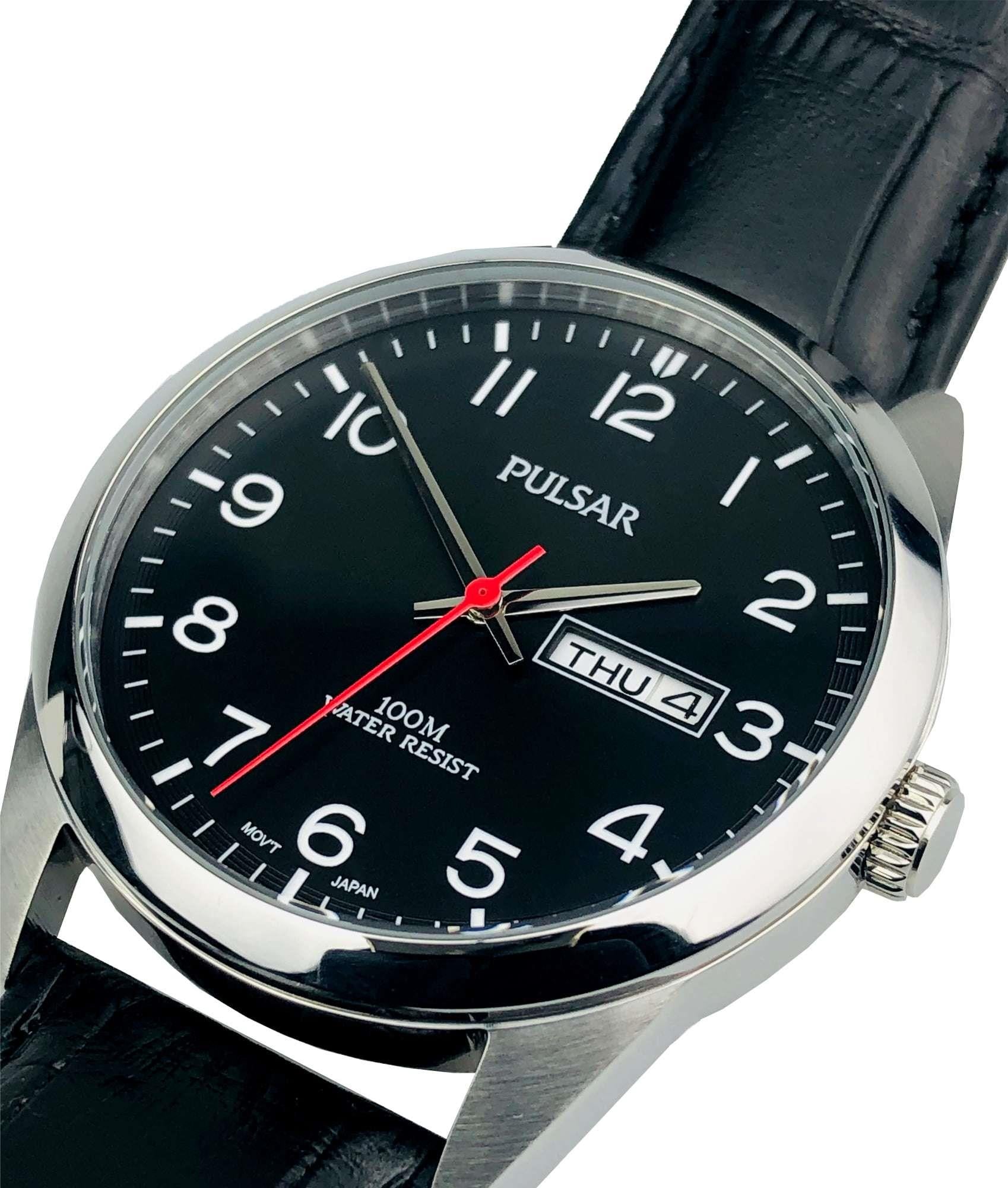 Pulsar Klassische Quarz Silbernes Edelstahlgehäuse Lederarmband Schwarzes Zifferblatt Herren Uhr