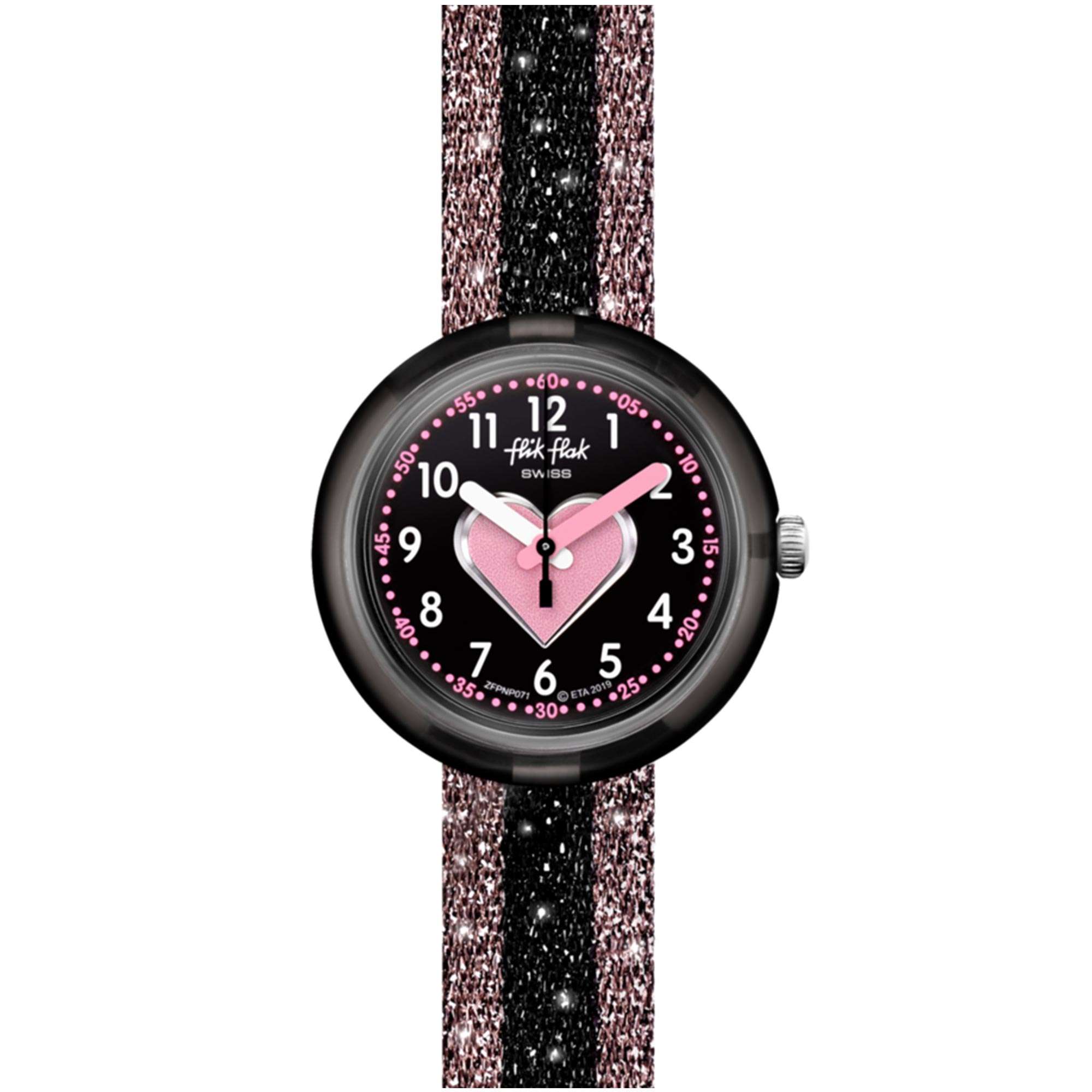 Flik Flak Cuoricino Quarz Schwarzes Zifferblatt Textilarmband Mädchen Uhr FPNP071