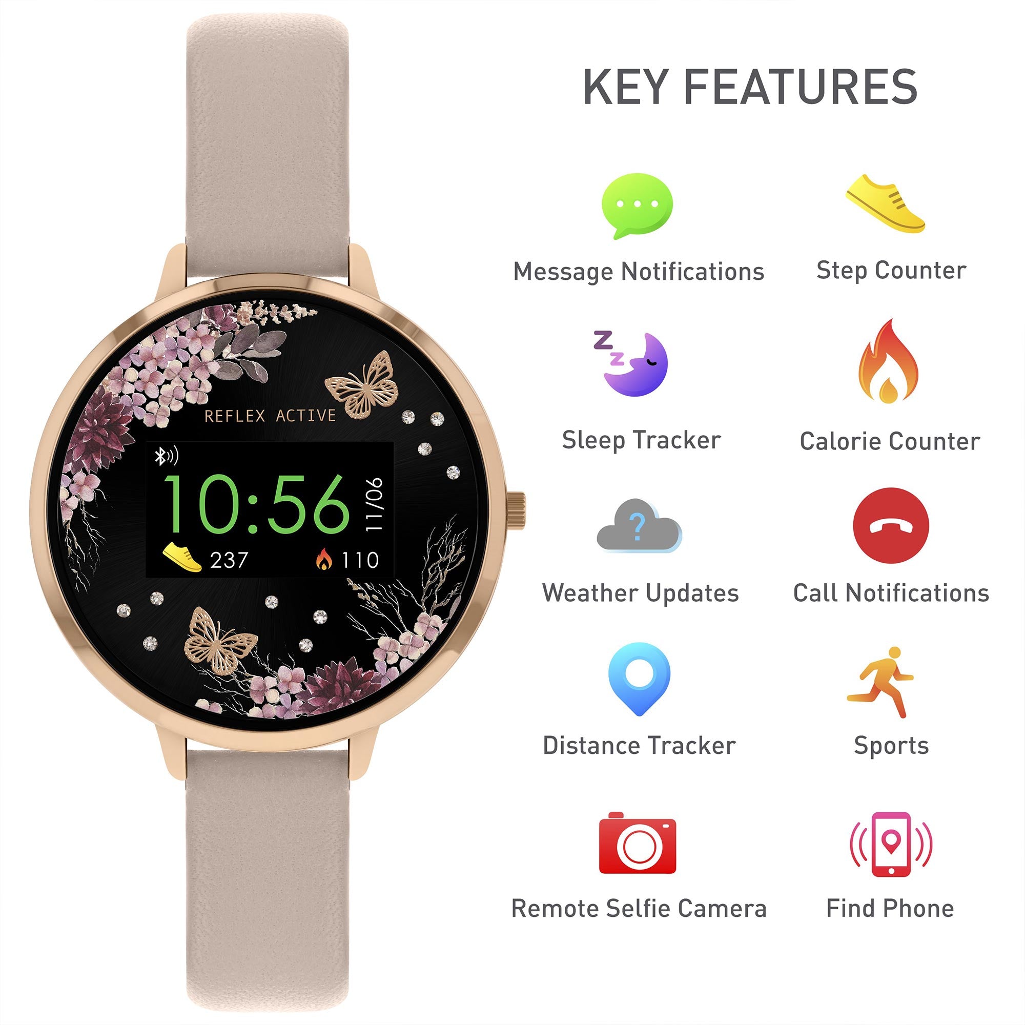 Reflex Active Series 03 Schwarzes Blumen Zifferblatt Pink Silikonarmband Damen Smartwatch RA03-2014