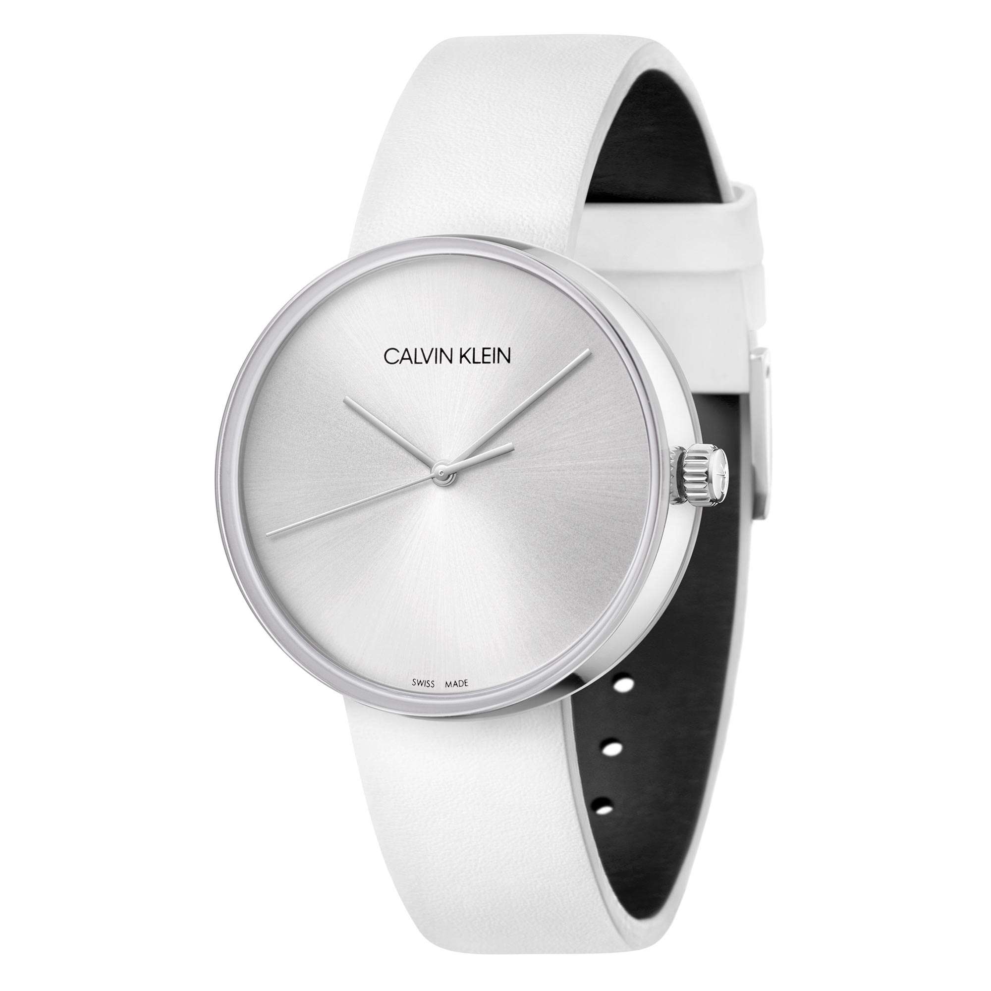 Calvin Klein Top Lady Quarz Silbernes Zifferblatt Weißes Lederarmband Damen Uhr KBL231L6