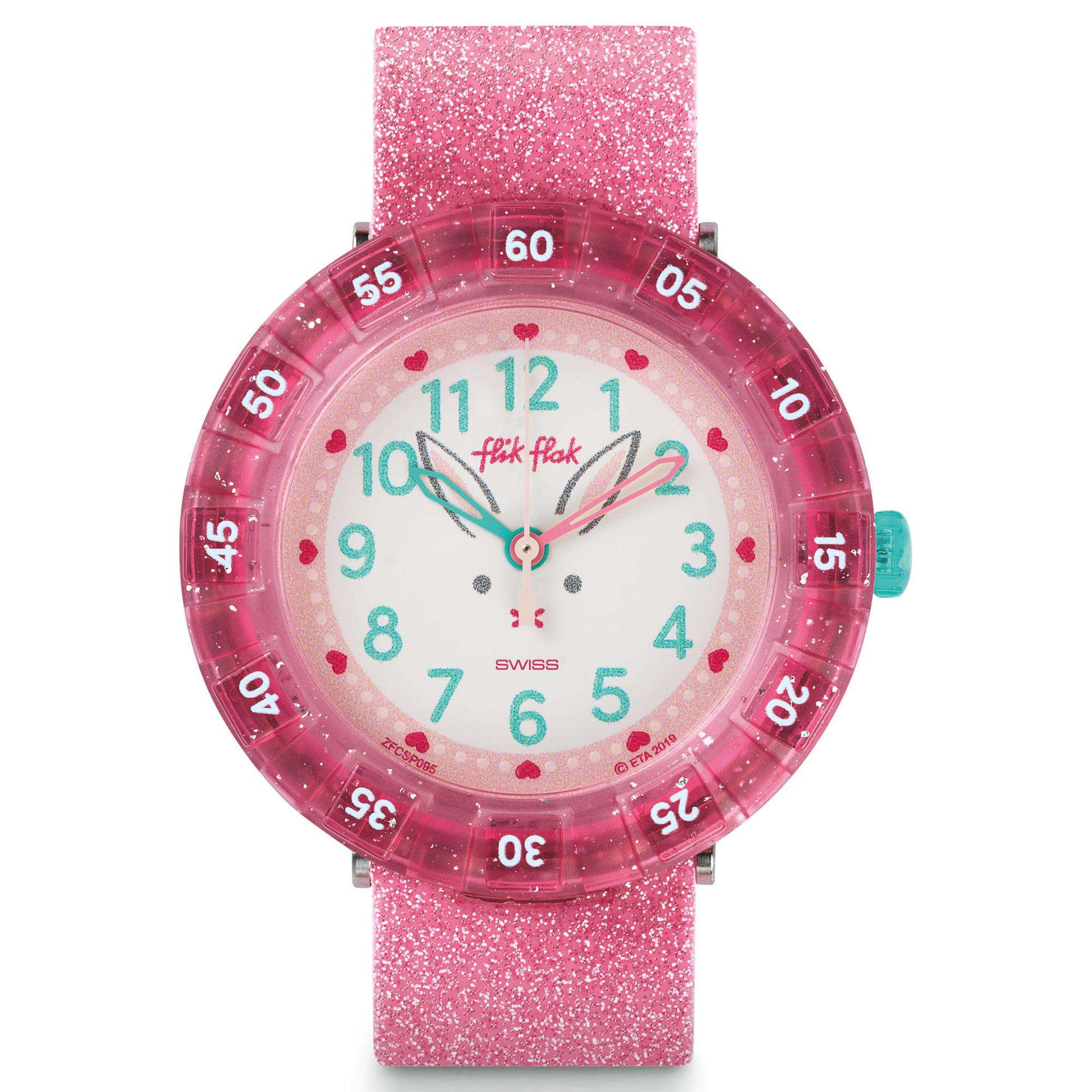 Flik Flak Bunnyaxus Quarz Weißes Zifferblatt Pinkes Silikonarmband Mädchen Uhr FCSP095