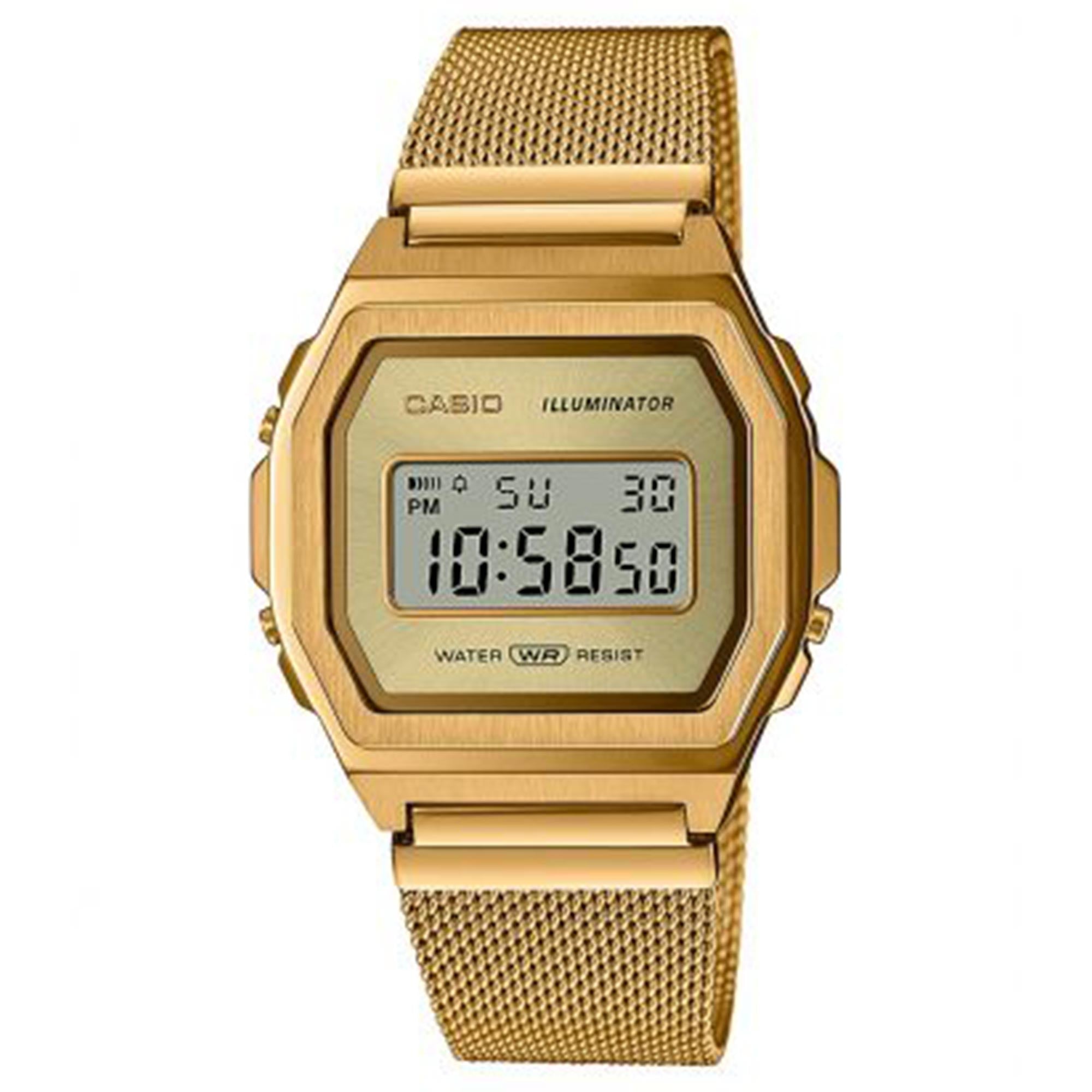 Casio Vintage Quarz Digital Goldenes Milanese Edelstahlarmband Uhr A1000MG-9EF