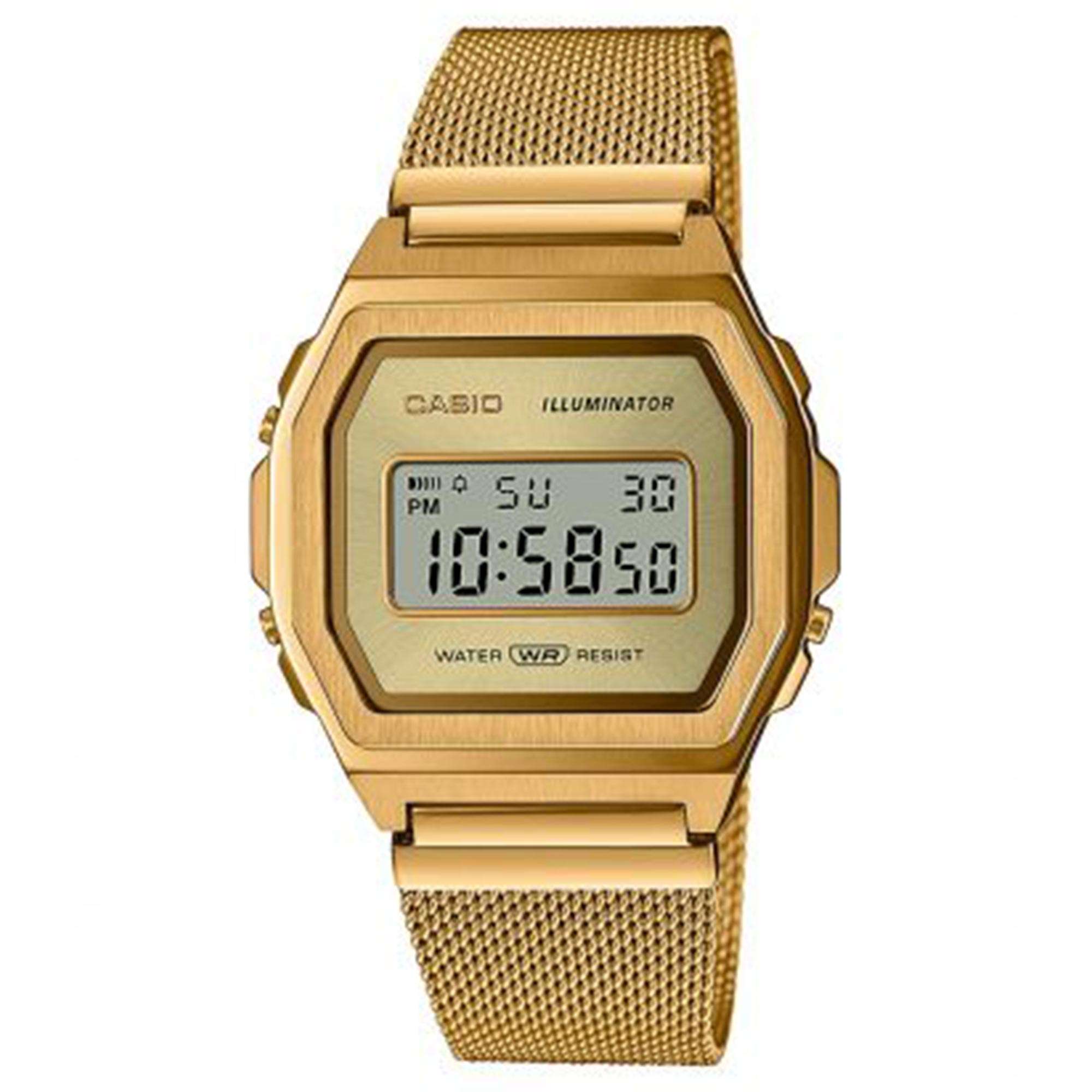 Casio Vintage Quarz Digital Goldenes Milanese Edelstahlarmband Uhr A1000MG-9EF
