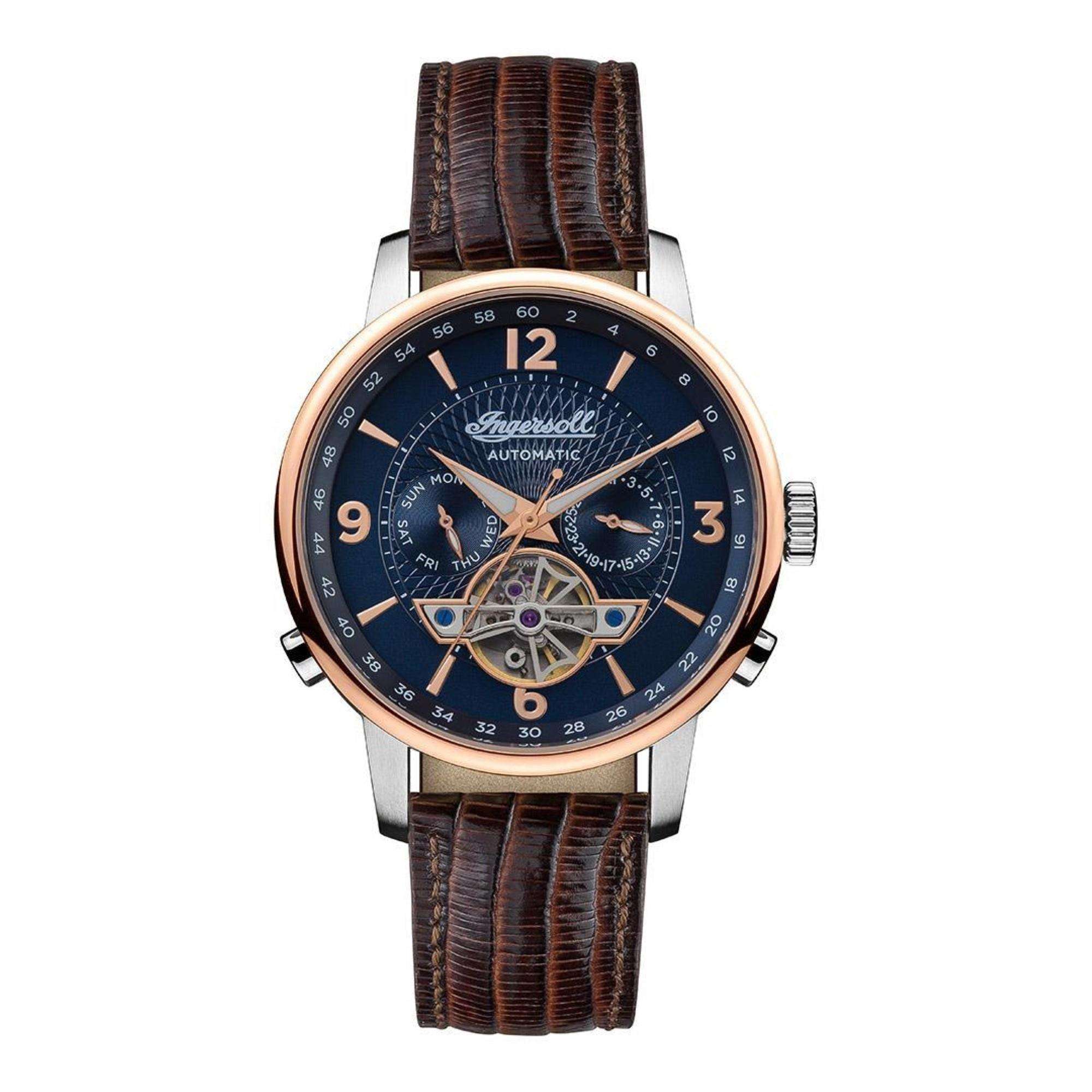 Ingersoll The Grafton Automatik Blaues Zifferblatt Braunes Lederarmband Herren Uhr I00703B