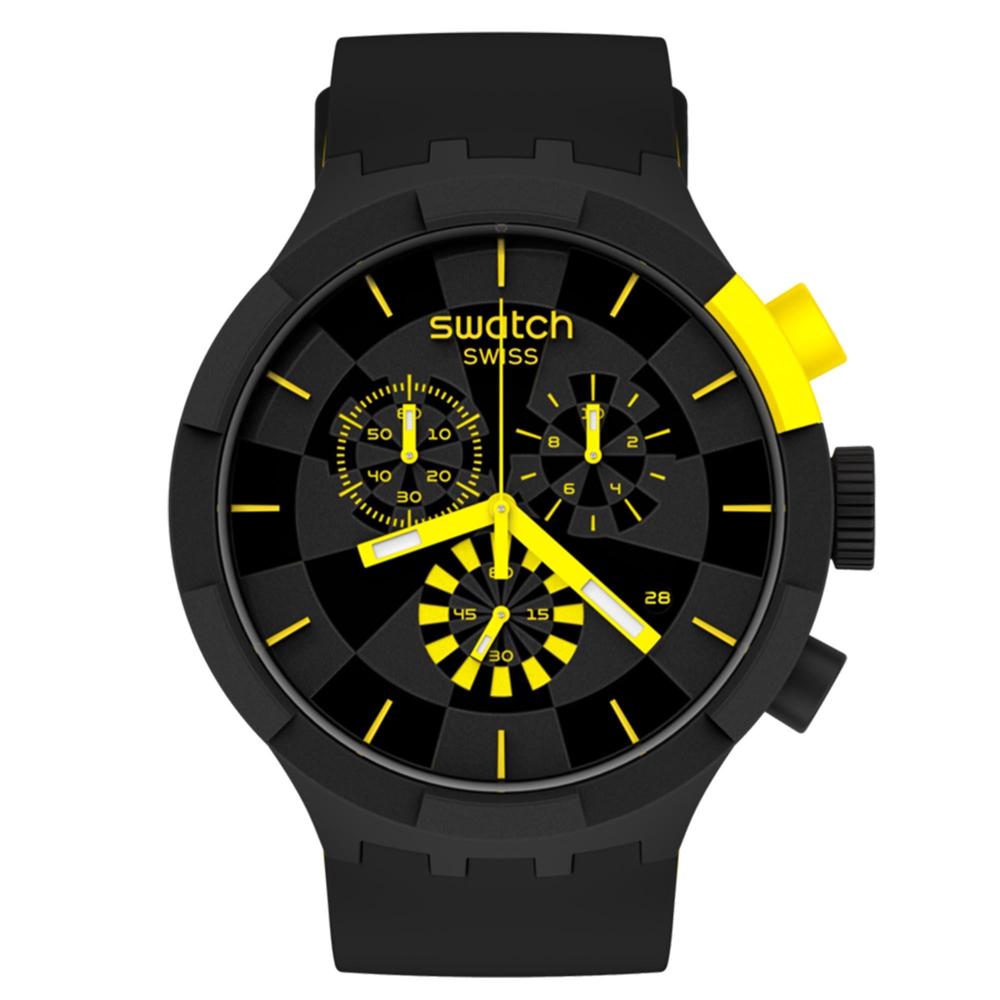 Swatch Big Bold Chrono Checkpoint Gelbe Quarzbewegung Schwarzes Zifferblatt Silikonarmband Uhr SB02B403