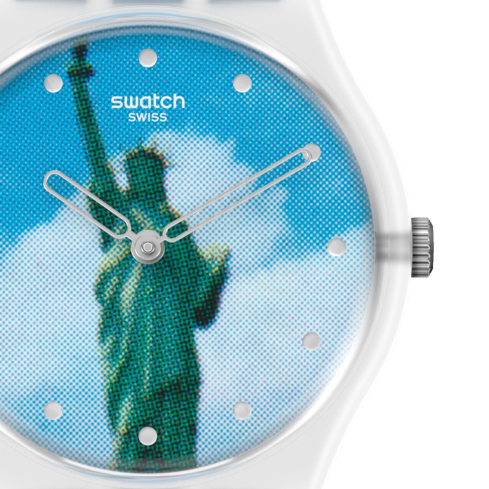 Swatch MoMA New York By Tadanori Yokoo Statue of Liberty Blue Dial Silicone Strap Watch GZ351