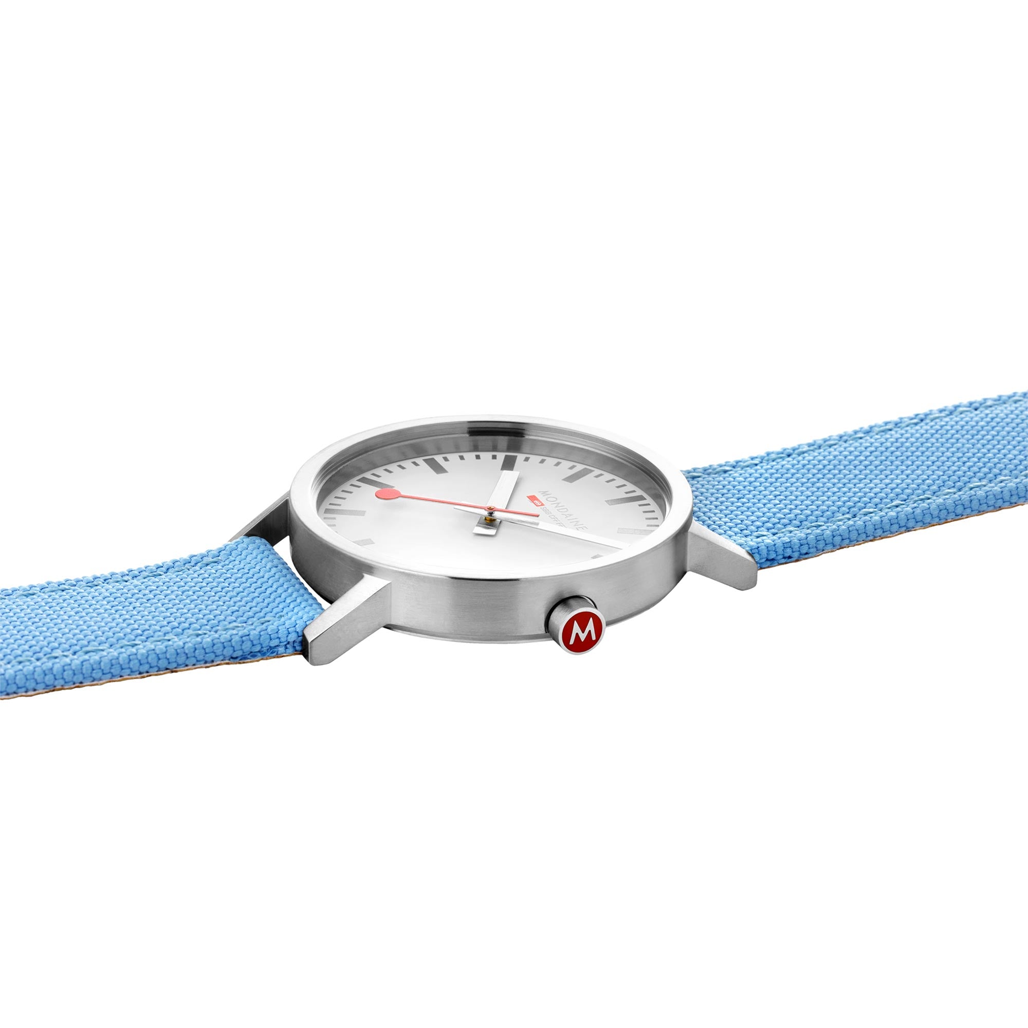 Mondaine Classic Quartz Weißes Zifferblatt Aqua Blaues Textilarmband Uhr A660.30360.17SBQ