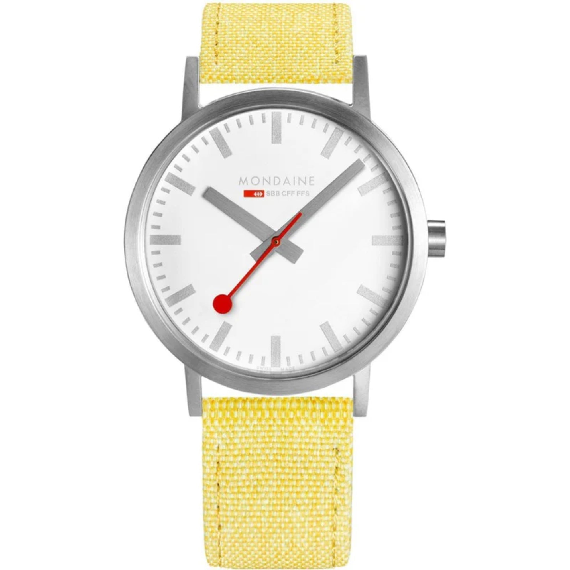 Mondaine Classic Quartz Weißes Zifferblatt Gelbes Textilarmband Uhr A660.30360.17SBE