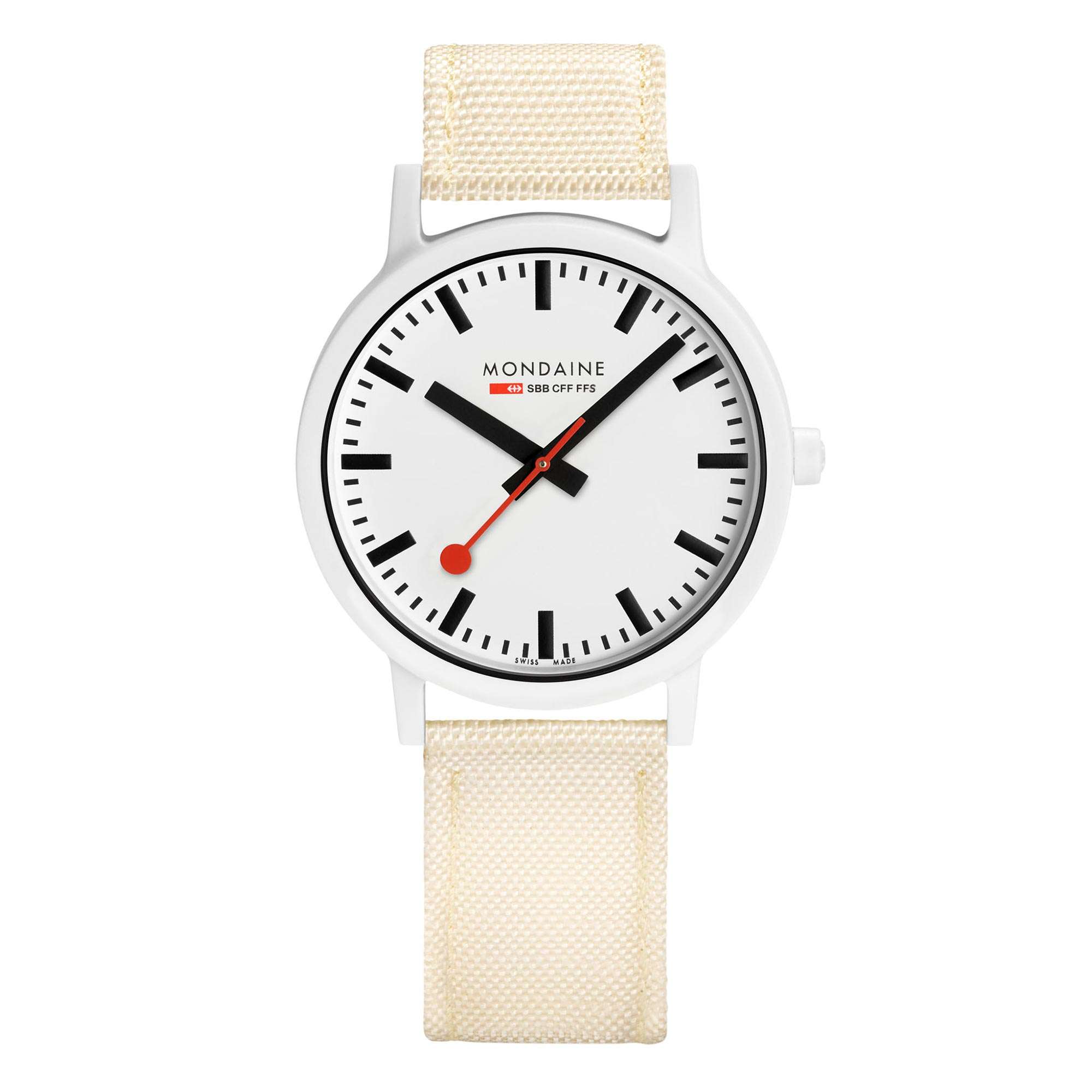 Mondaine Essence Sustainable Quartz White Dial Cream Textile Strap Watch MS1.41111.LT