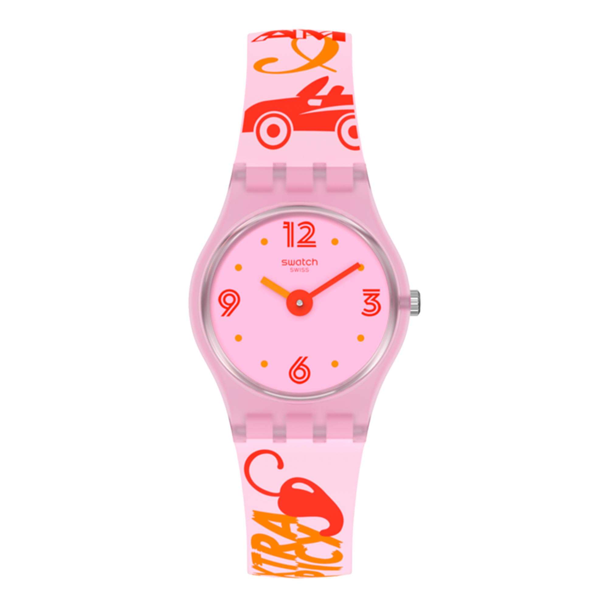 Swatch Original Lady Quarz Pinkes Zifferblatt Silikonarmband Damen Uhr LP164