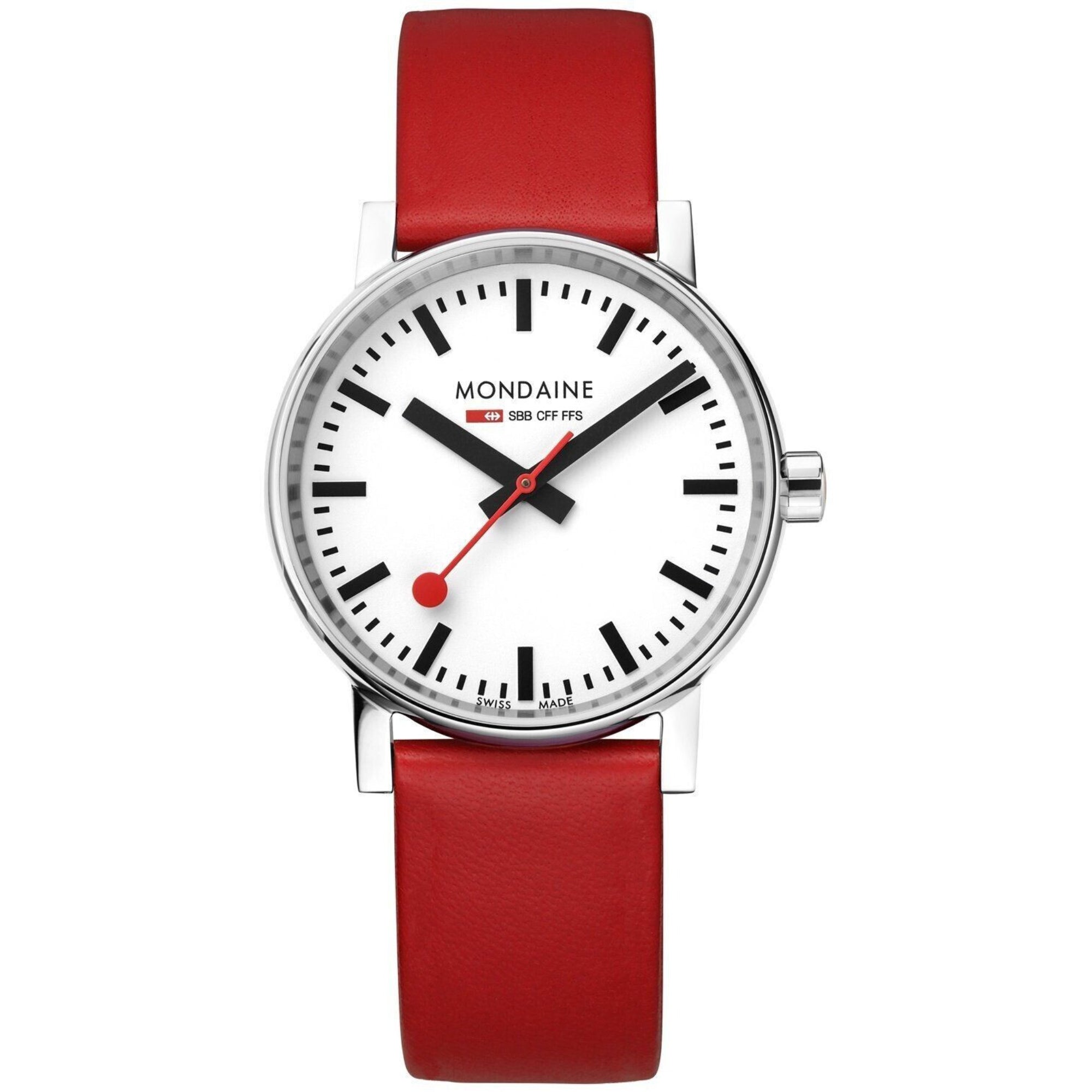 Mondaine evo2 Petite Rotes Lederarmband Weißes Zifferblatt Damen Uhr MSE.26110.LC