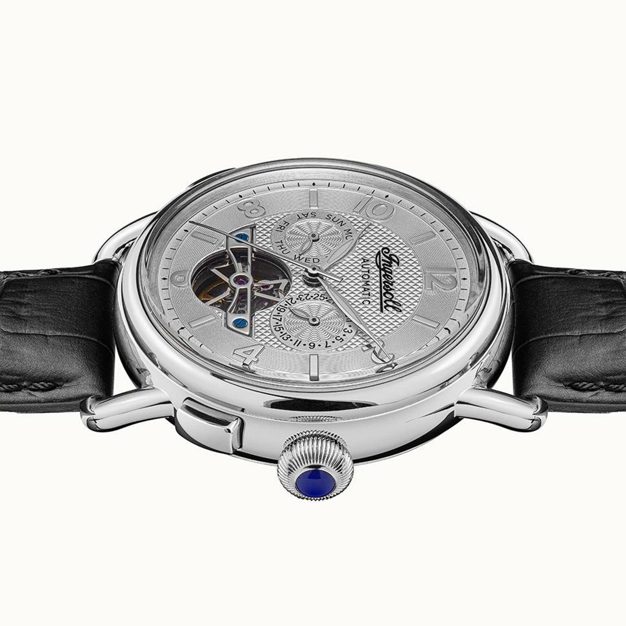 Ingersoll The New England Automatik Silbernes Zifferblatt Schwarzes Lederarmband Herren Uhr I00903B