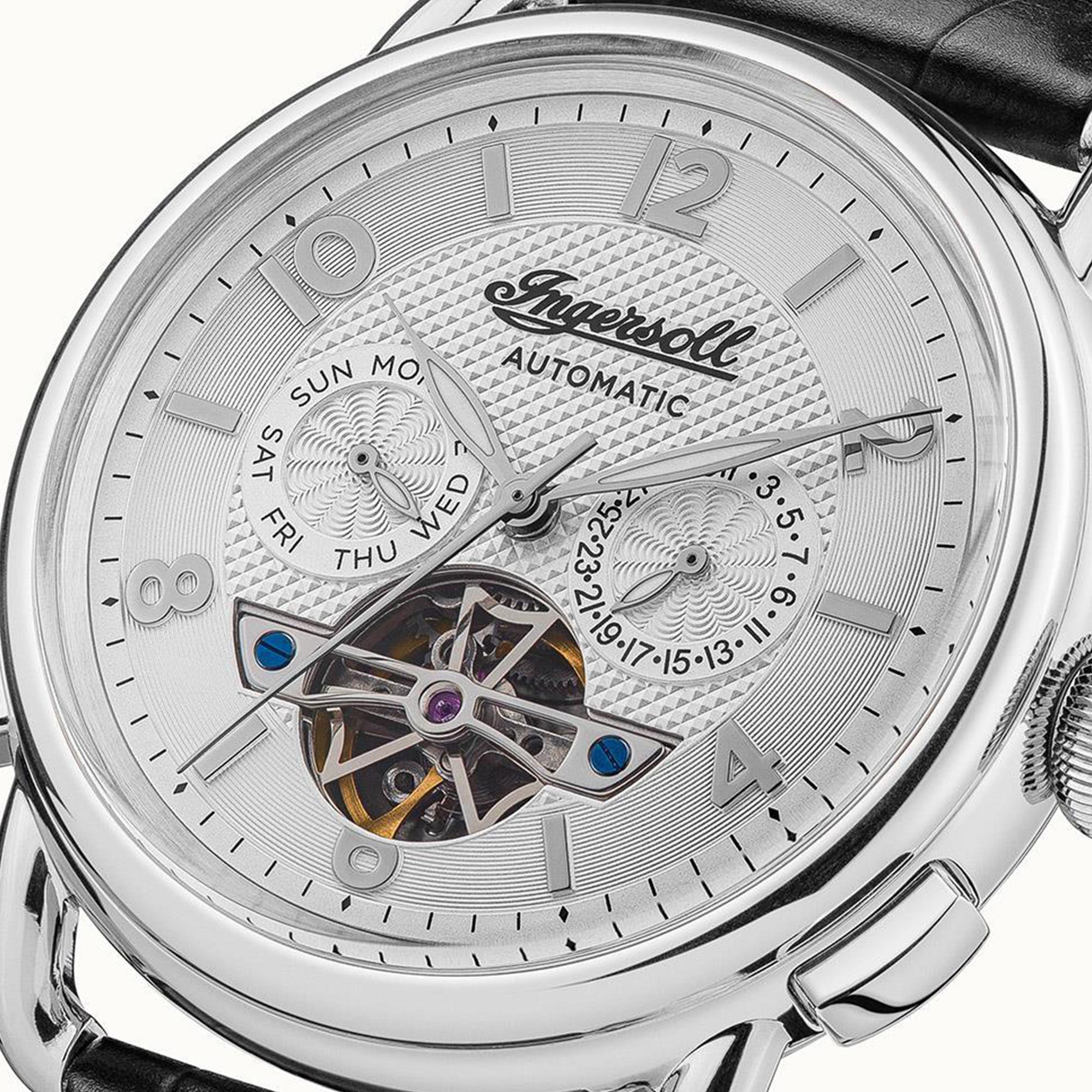 Ingersoll The New England Automatik Silbernes Zifferblatt Schwarzes Lederarmband Herren Uhr I00903B