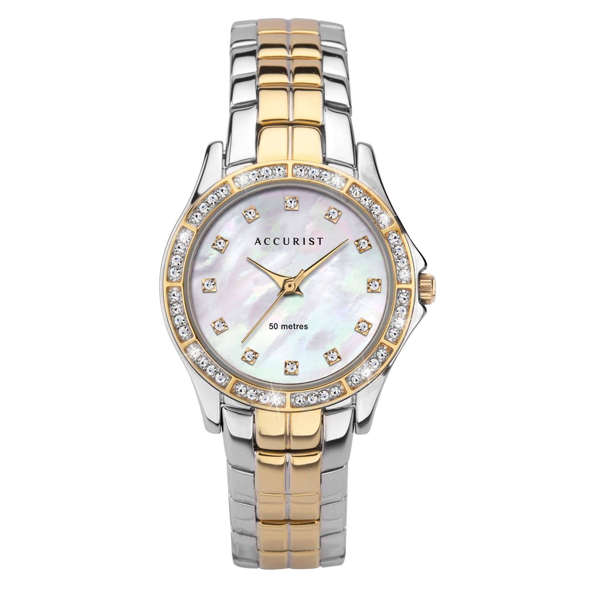 Accurist Quarz Perlmutt Zifferblatt Gold/Silber Edelstahl Armband Damen Uhr 8334