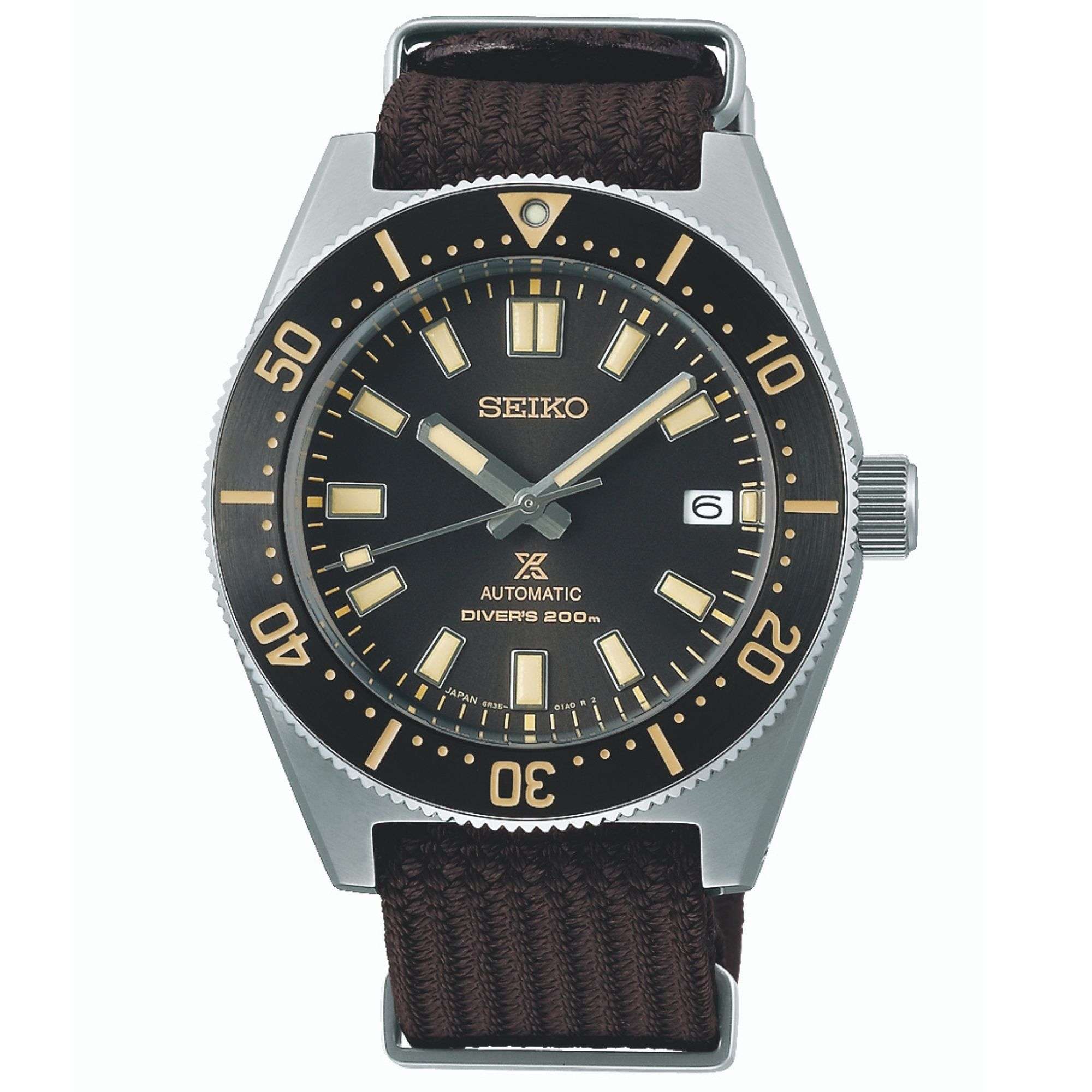 Seiko Prospex Erste japanische Taucheruhr Neuinterpretation Automatik Schwarzes Zifferblatt Nylonarmband Herrenarmbanduhr SPB239J1
