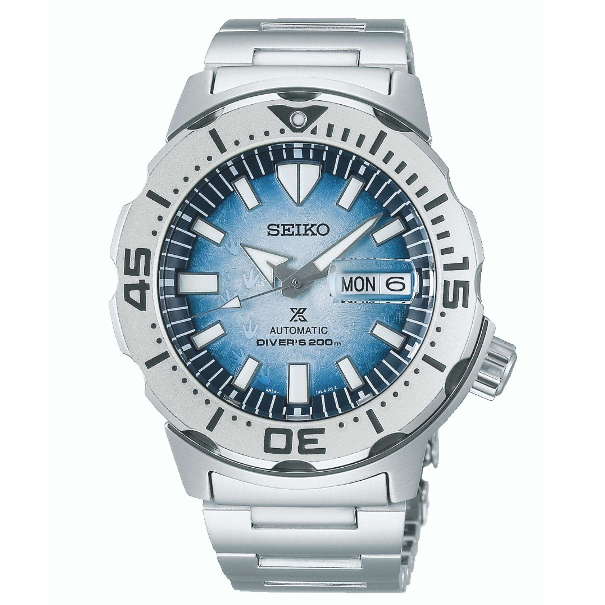 Seiko Prospex Antarctica Monster Save the Ocean Automatik Blaues Zifferblatt Edelstahlarmband Herrenarmbanduhr SRPG57K1