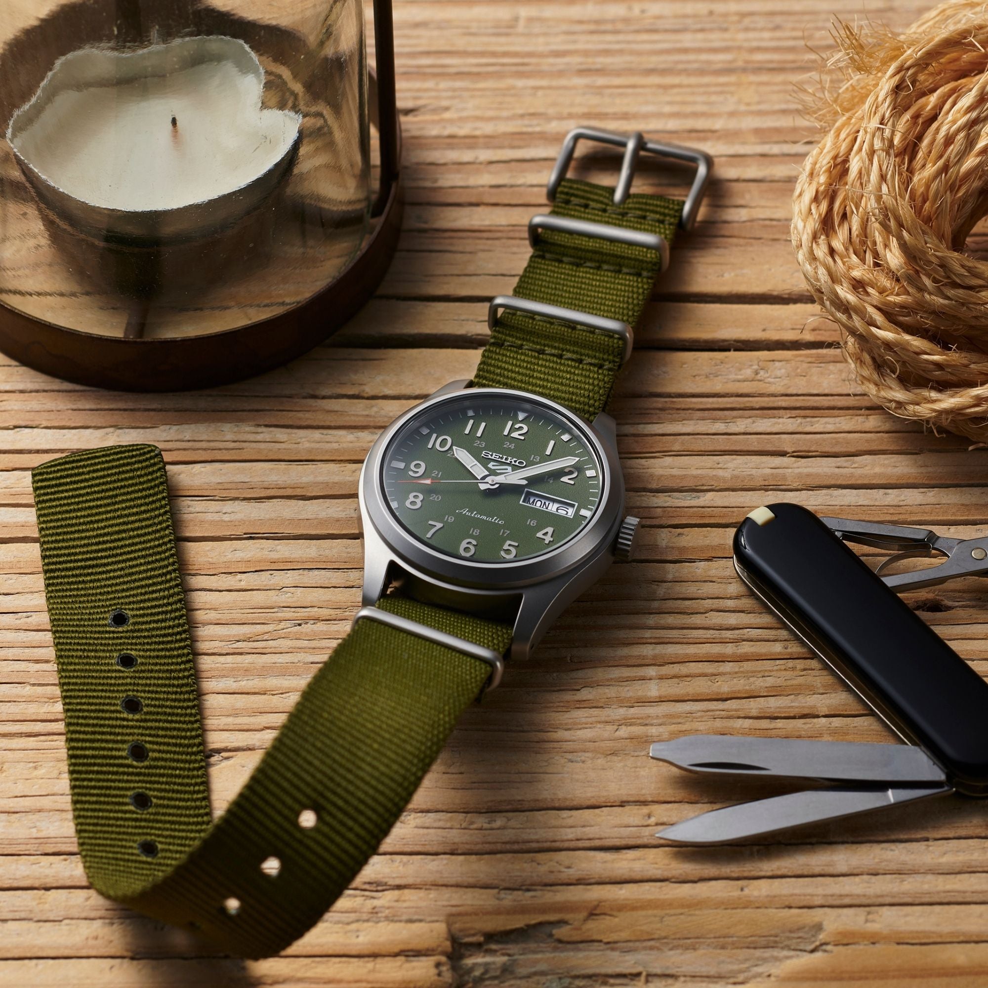 Seiko 5 Sports Field Military Watch Automatic Green Dial Green NATO Strap Men's Watch SRPG33K1