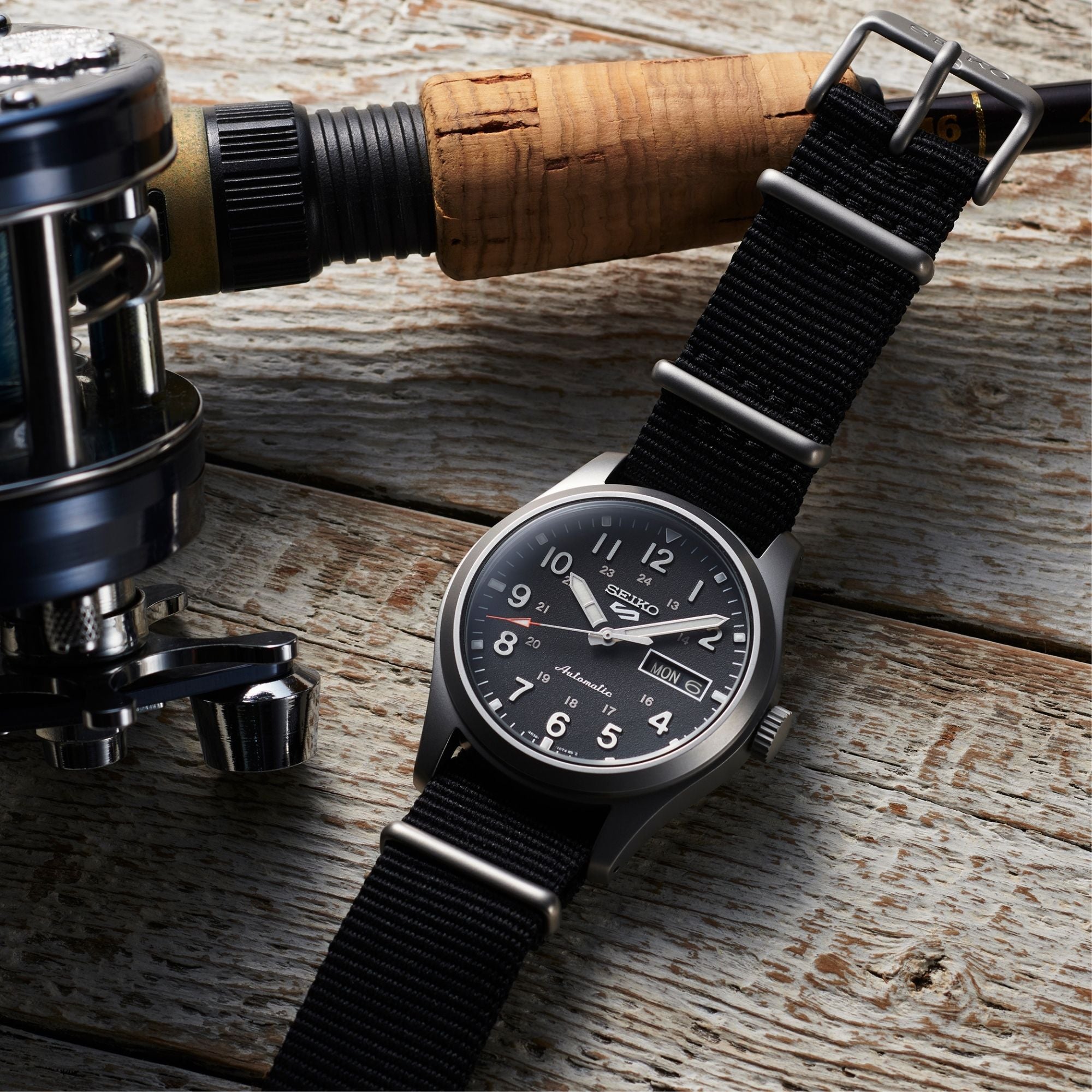 Seiko 5 Sports Field Military Watch Automatic Black Dial Black NATO Strap Men's Watch SRPG37K1