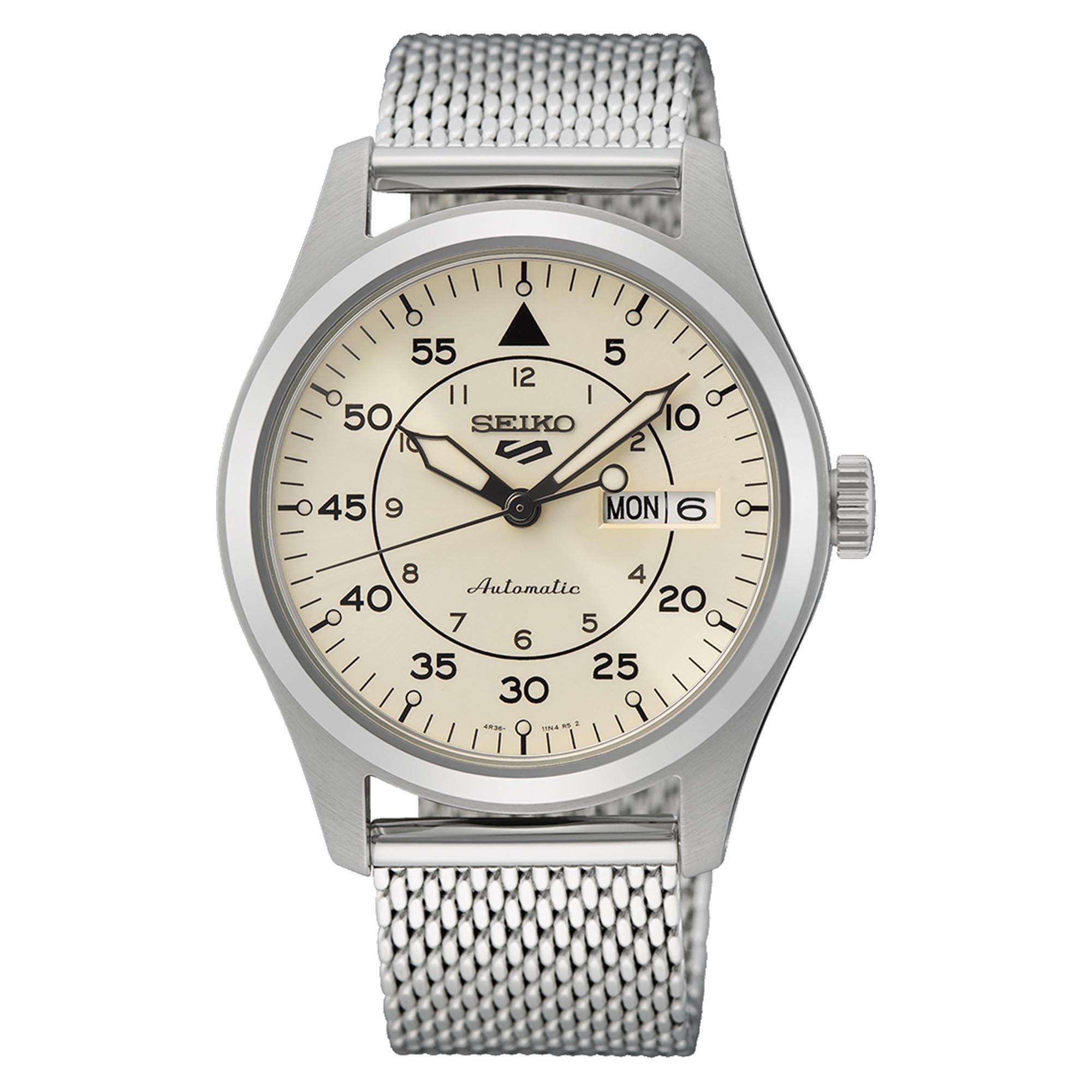 Silver Seiko watch with a mesh band on a white background