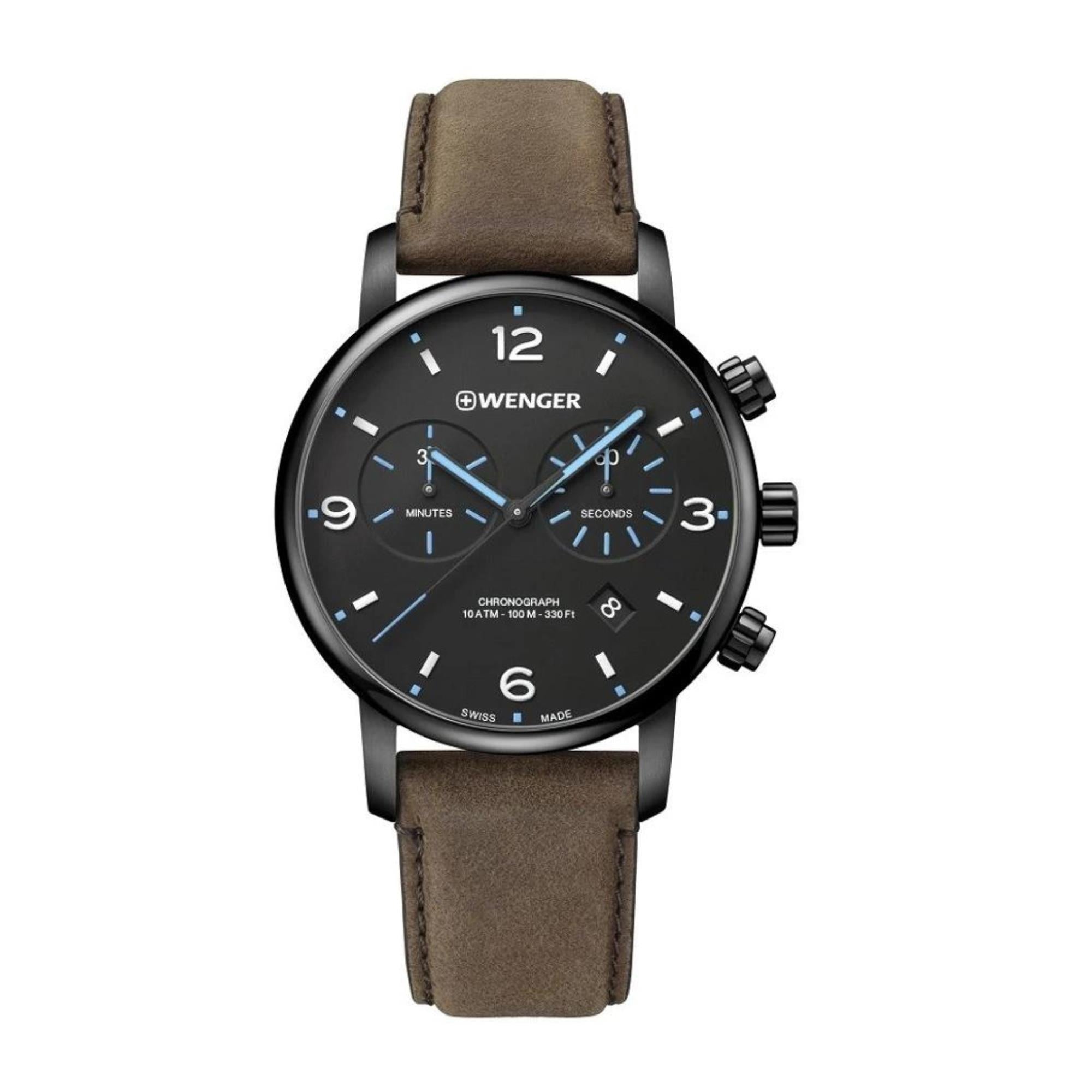 Wenger Urban Metropolitan Chronograph Quarz Schwarzes Zifferblatt Braunes Lederarmband Herren Uhr 01.1743.112