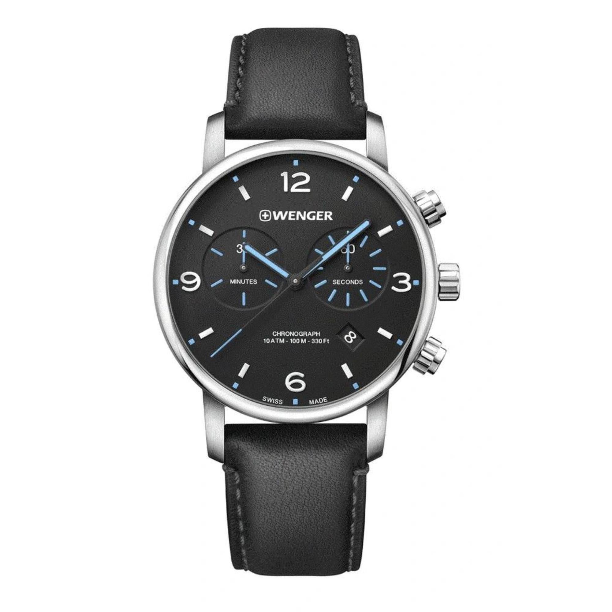 Wenger Urban Metropolitan Chronograph Quarz Schwarzes Zifferblatt Schwarzes Lederarmband Herren Uhr 01.1743.120