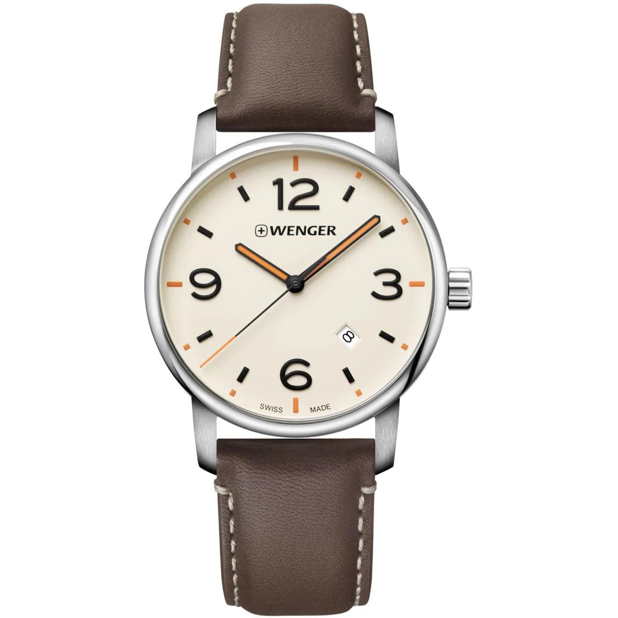 Wenger Urban Metropolitan Quarz Creme Zifferblatt Braunes Lederarmband Herren Uhr 01.1741.133