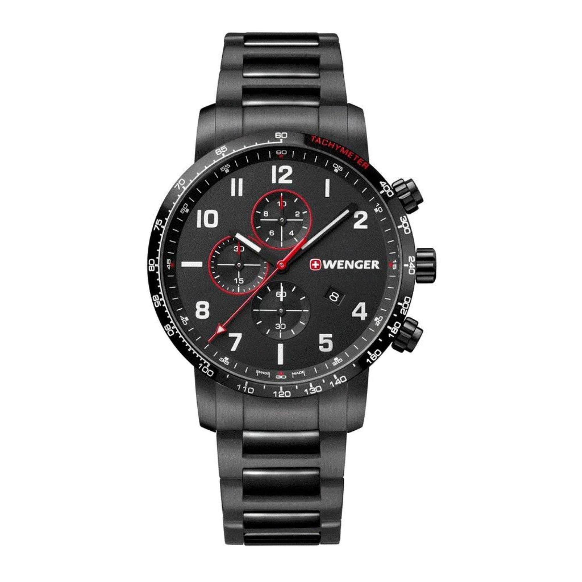 Wenger Attitude Quarz Schwarzes Zifferblatt PVD Stahl Armband Chronograph Herren Uhr 01.1543.115