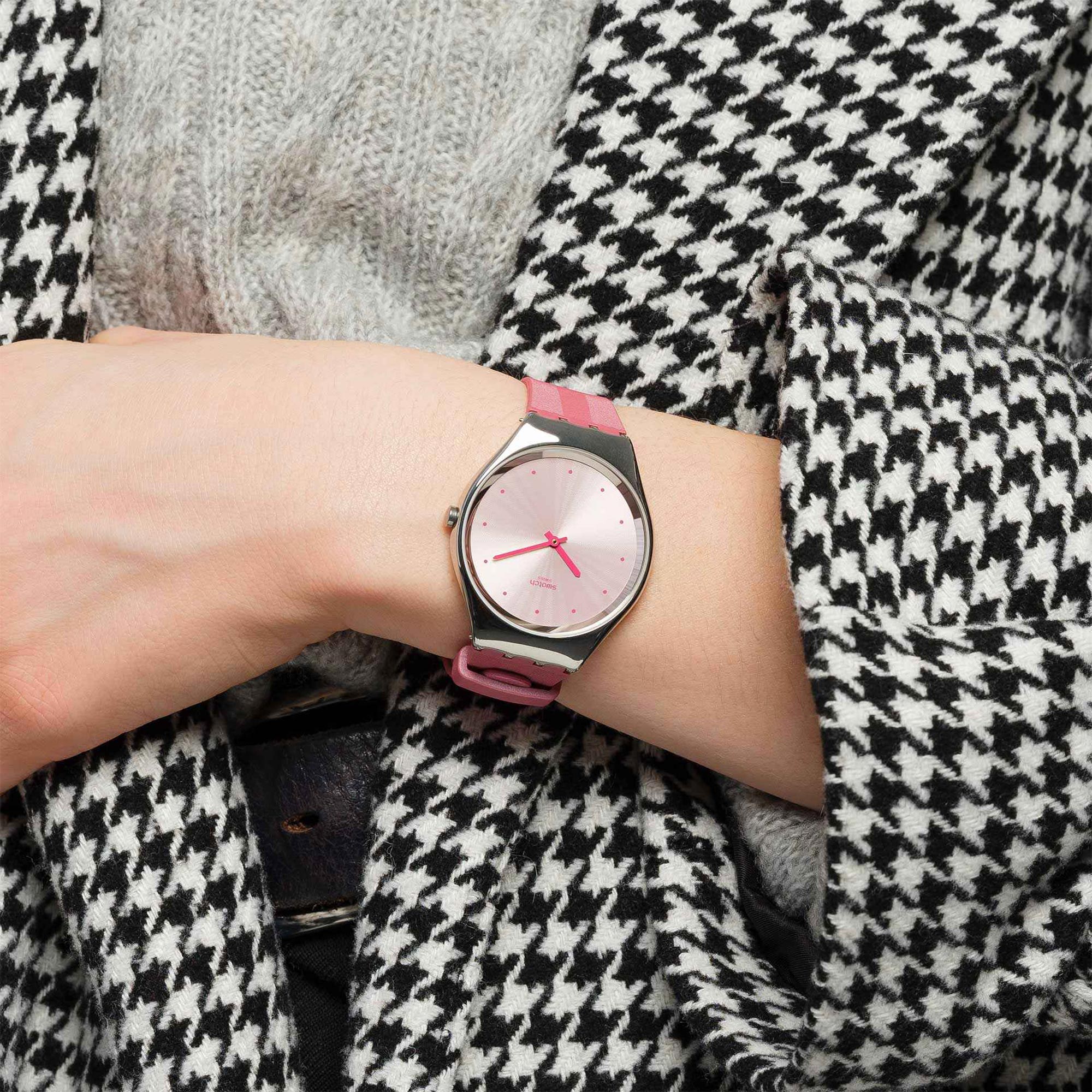 Swatch Skin Irony Rose Moire Quartz Pink Dial Pink Silicone Strap Ladies Watch SYXS135