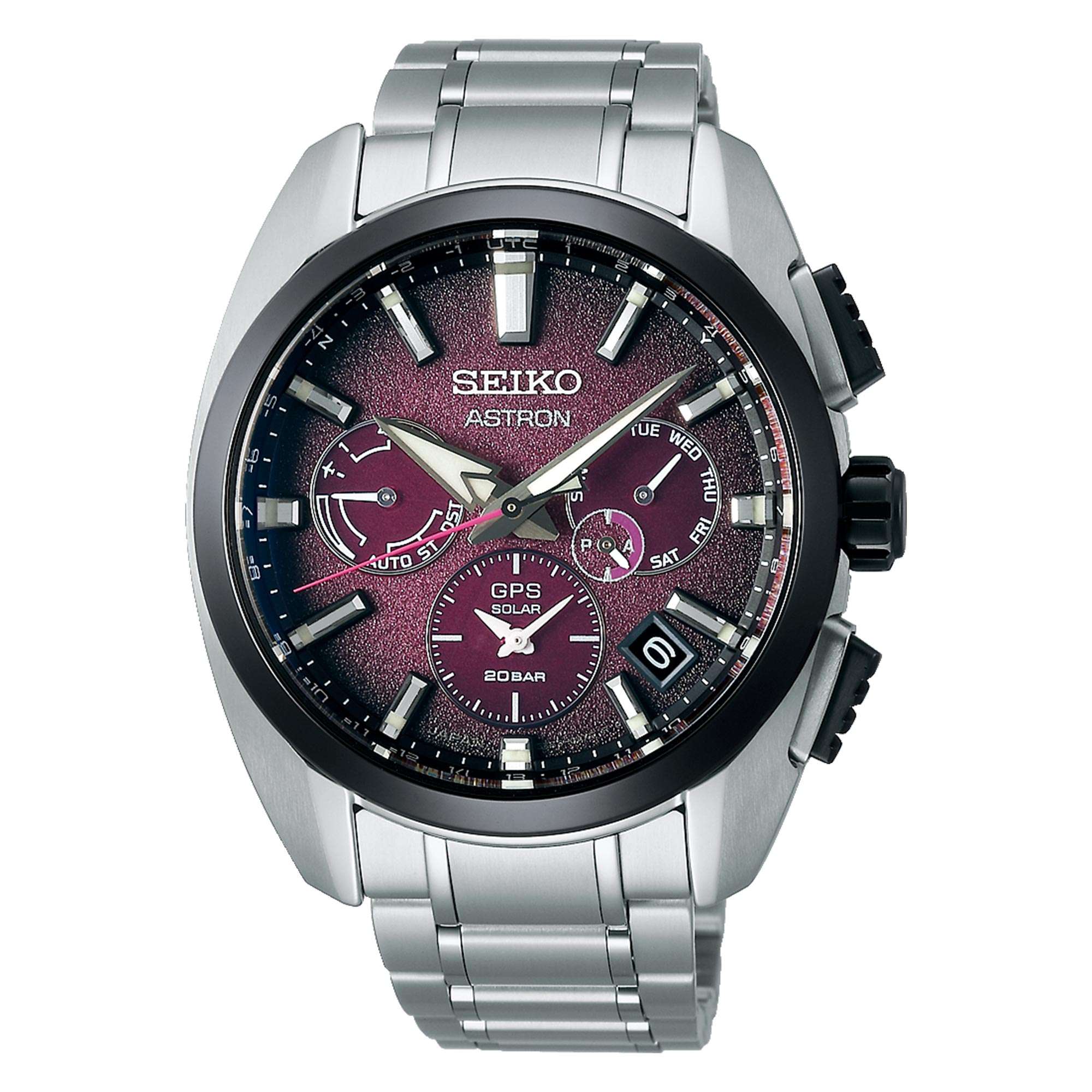 Seiko Astron GPS Solar Limitierte Auflage Lila Zifferblatt Edelstahlarmband Herren Uhr SSH101J1