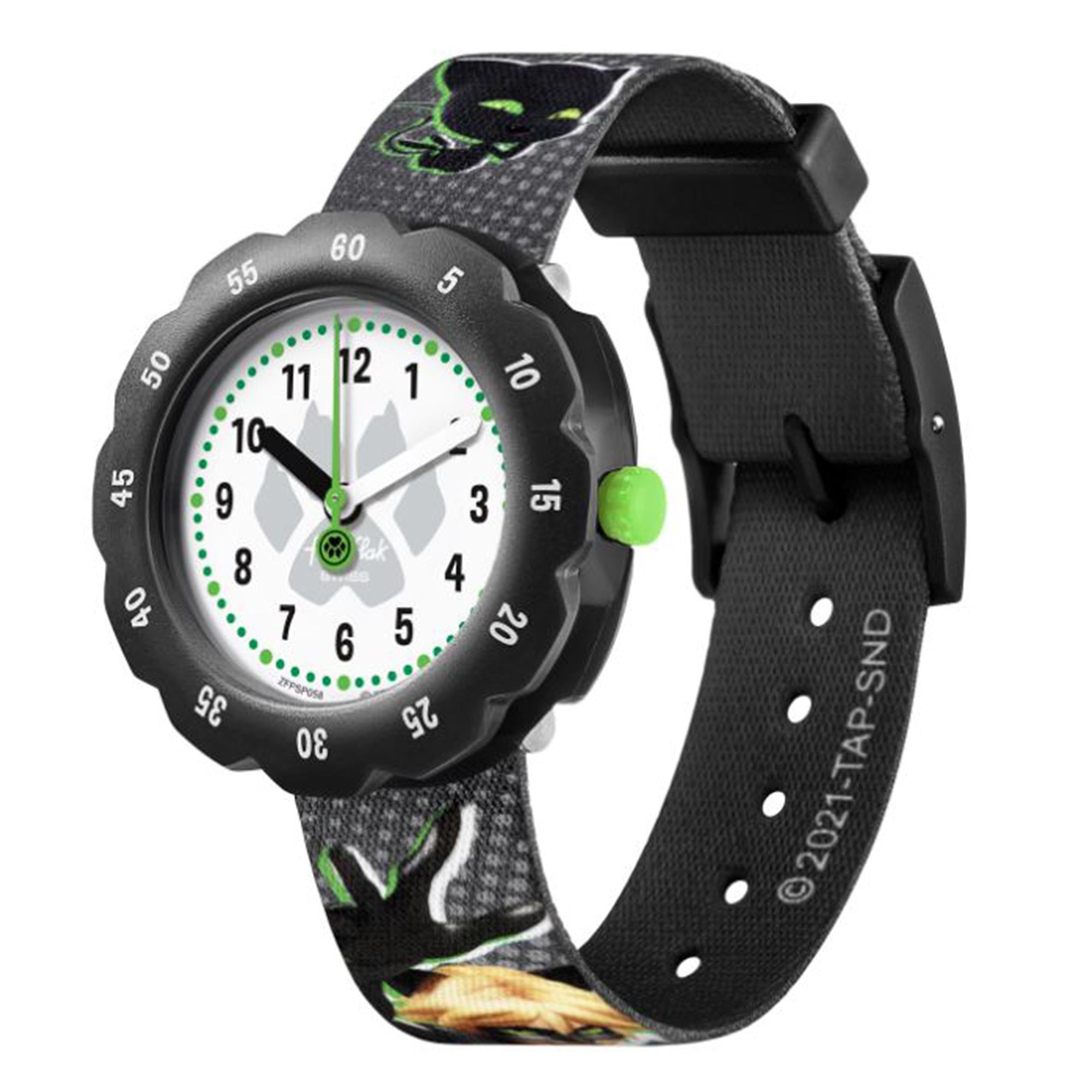 Flik-Flak Cat Noir Quarz Weißes Zifferblatt Schwarzes Kunststoffarmband Kinder Uhr FPSP058