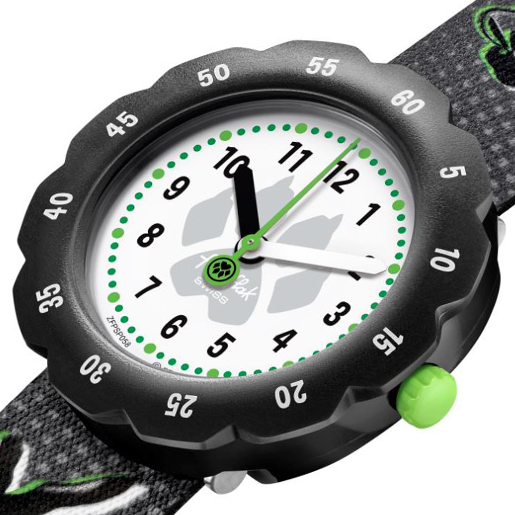 Flik-Flak Cat Noir Quarz Weißes Zifferblatt Schwarzes Kunststoffarmband Kinder Uhr FPSP058
