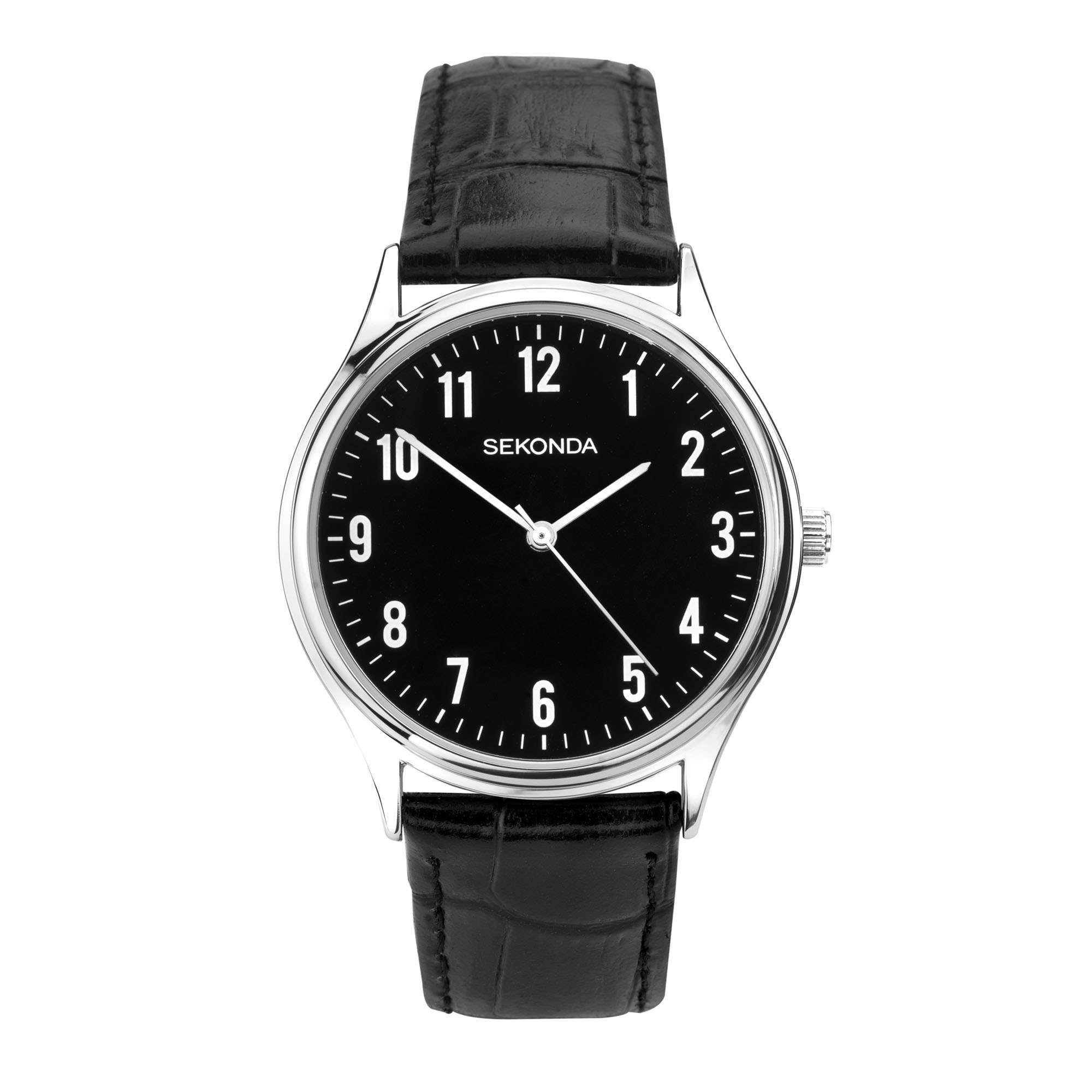 Sekonda Classic Quarz Schwarzes Zifferblatt Schwarzes Lederarmband Herrenarmbanduhr 1777