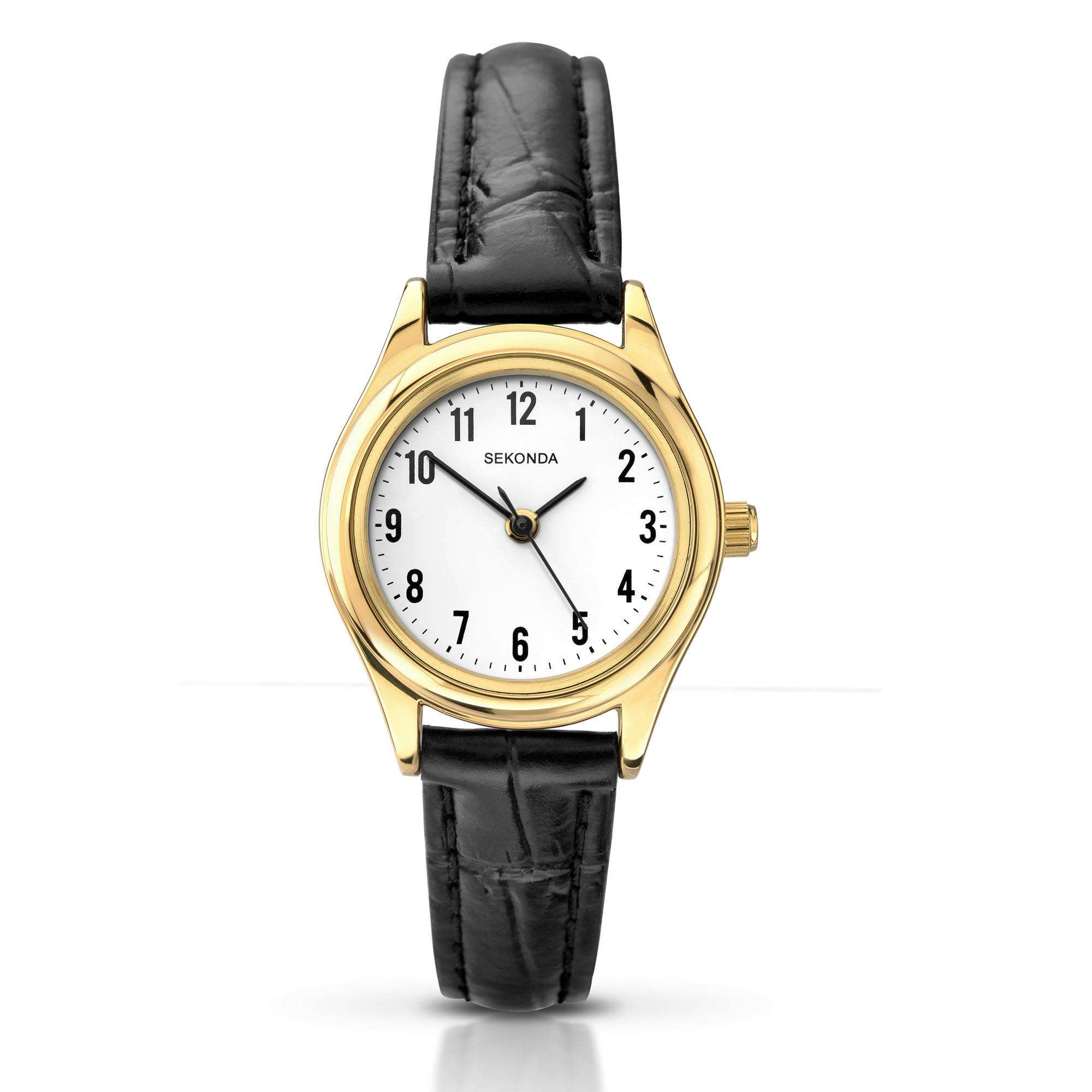 Sekonda Classic Quarz Weißes Zifferblatt Schwarzes Lederarmband Damenarmbanduhr 4493