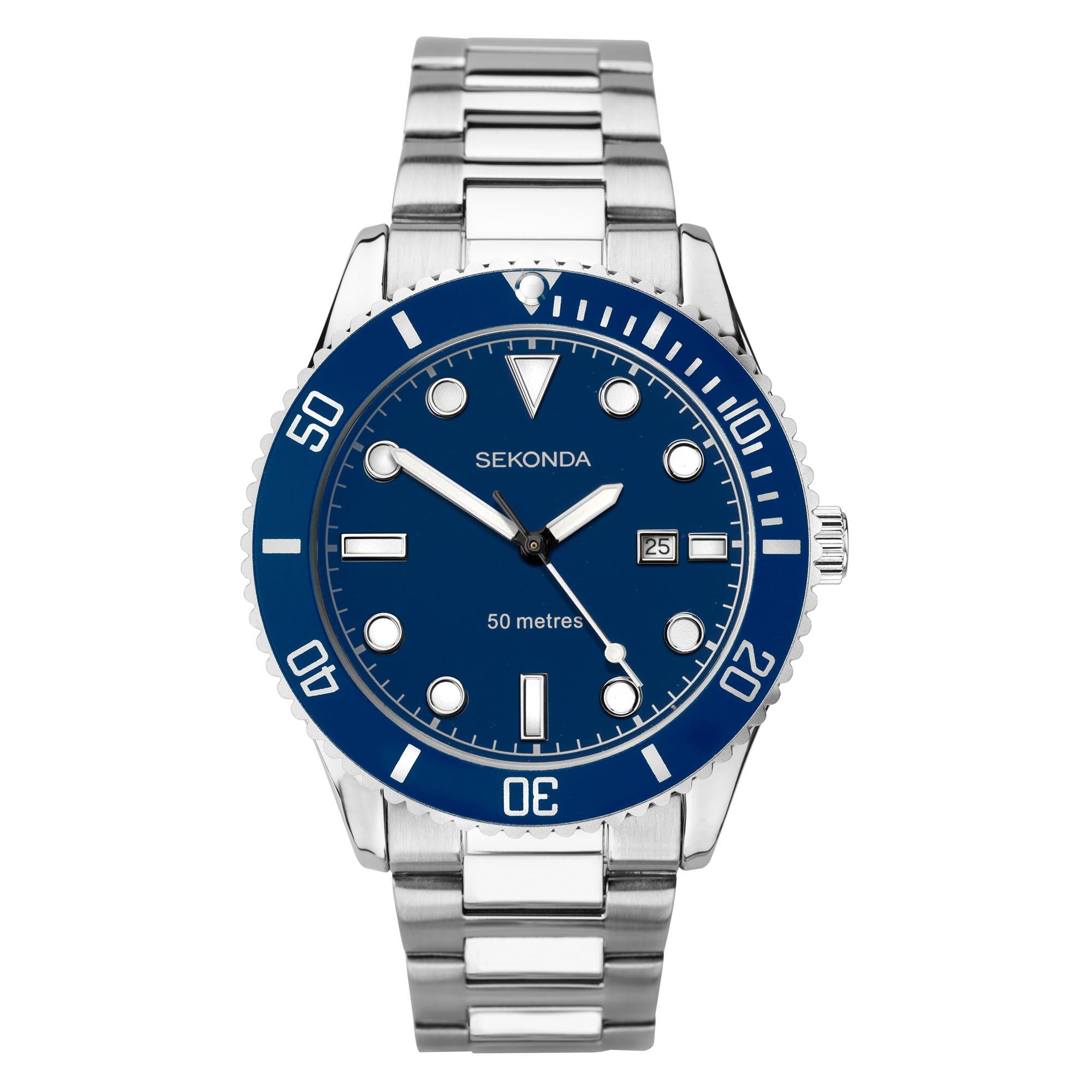 Sekonda Sports Herrenarmbanduhr im Taucherstil mit blauem Zifferblatt und Edelstahlarmband 1789