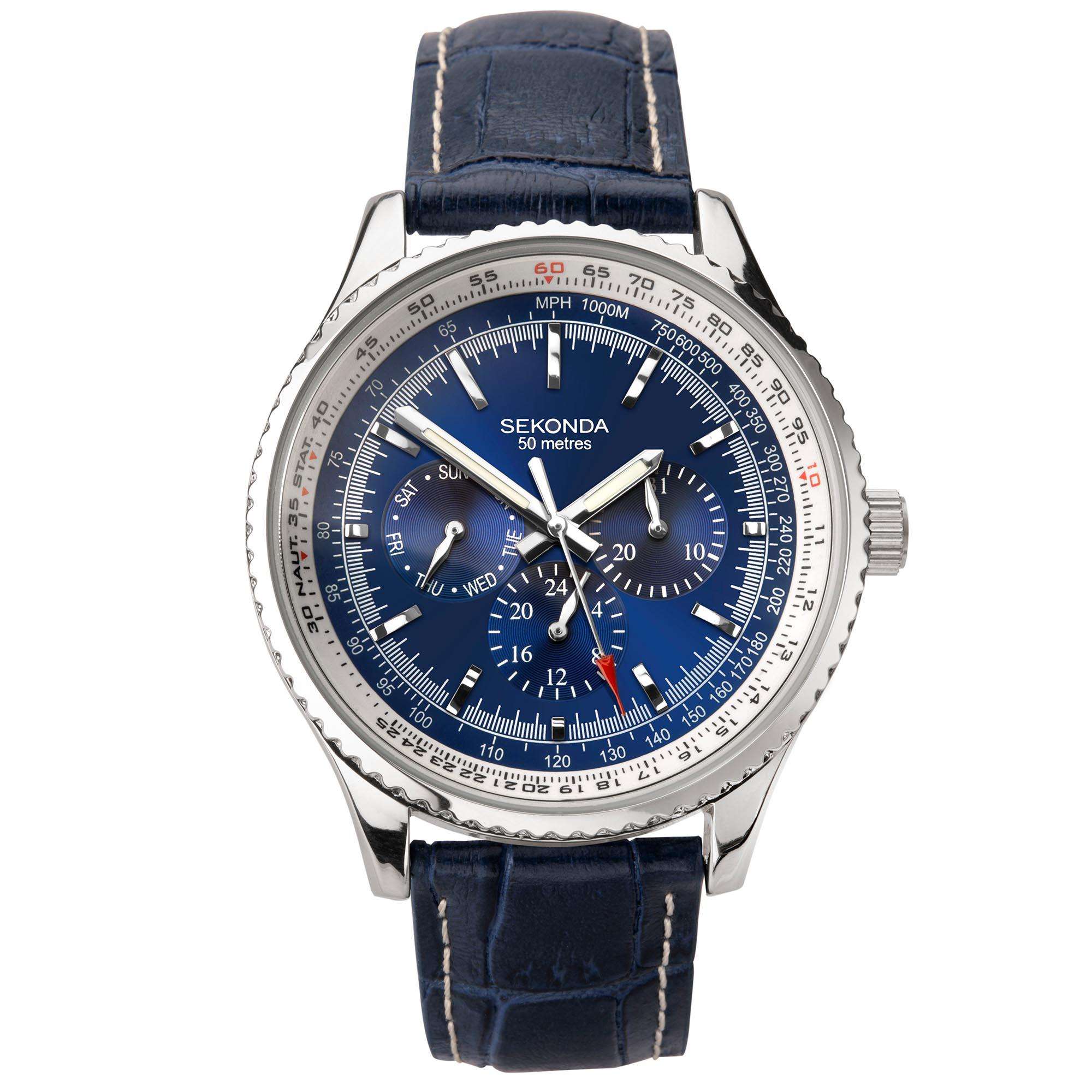 Sekonda Aviation Quarz Blaues Zifferblatt Blauer Lederarmband Herren Uhr 1627