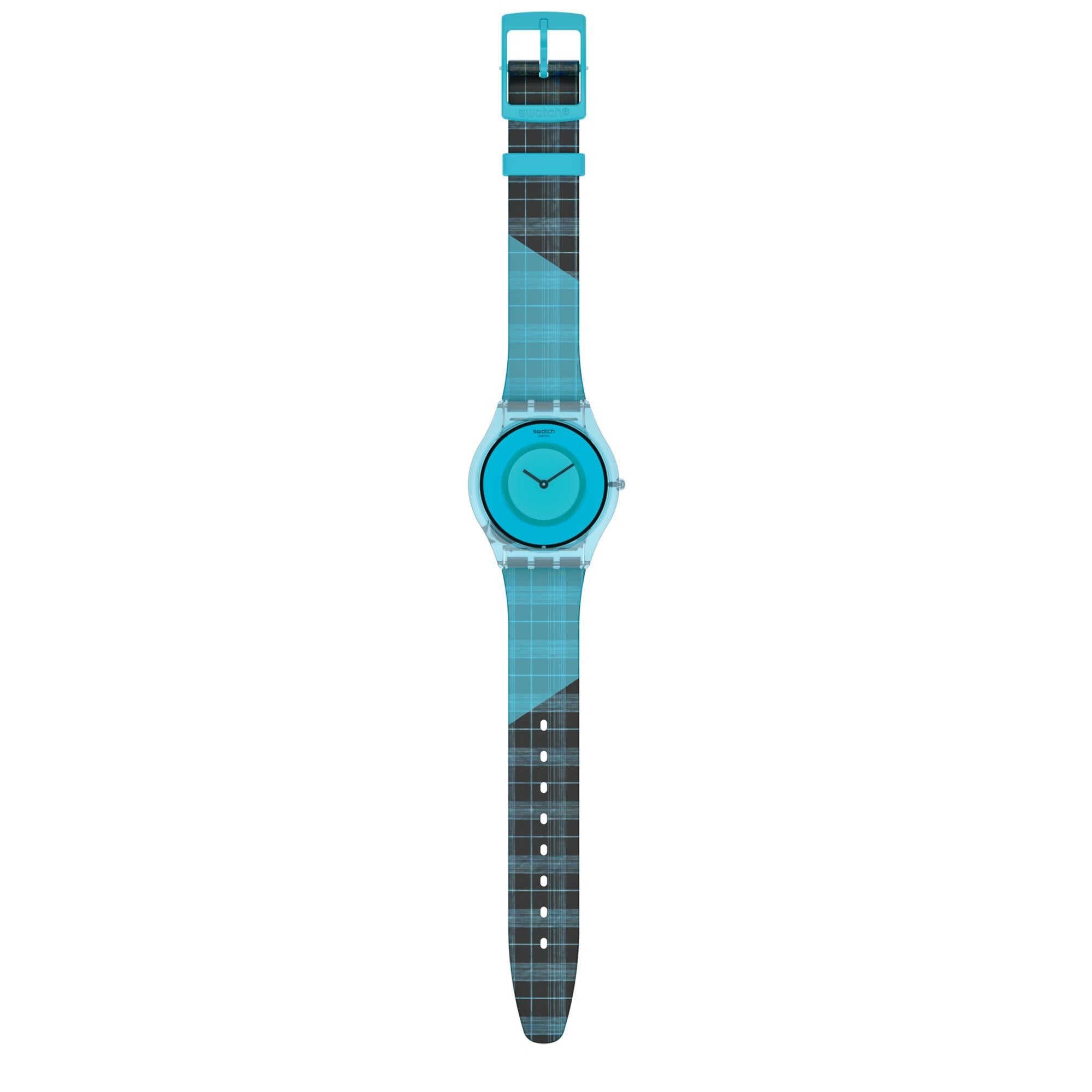Swatch Supriya Sari Mardas 01 Quarz Uhr mit blauem Zifferblatt und mehrfarbigem Silikonarmband SS08Z102