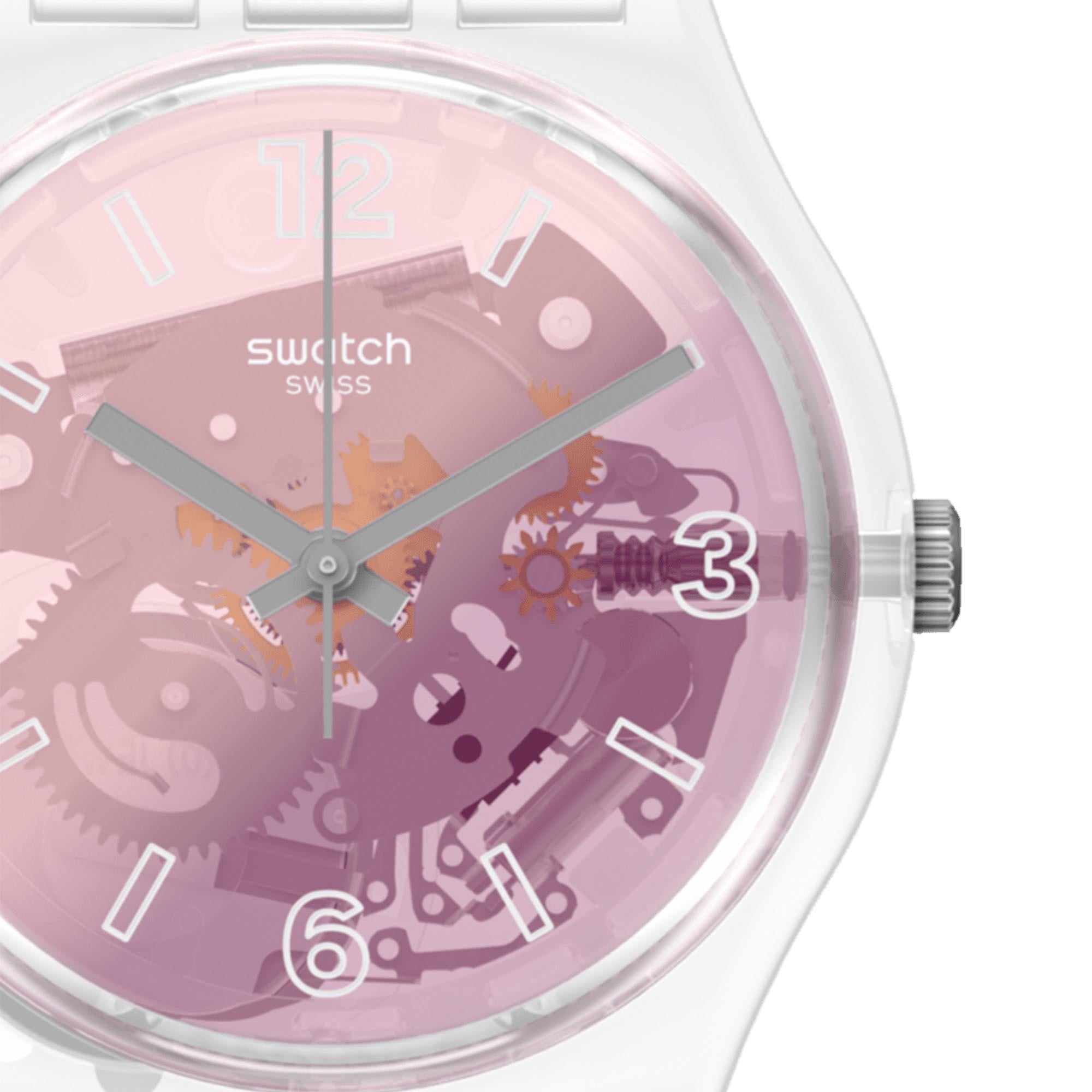 Swatch Pink Disco Fever Quartz Pink Dial White Silicone Strap Watch GE290