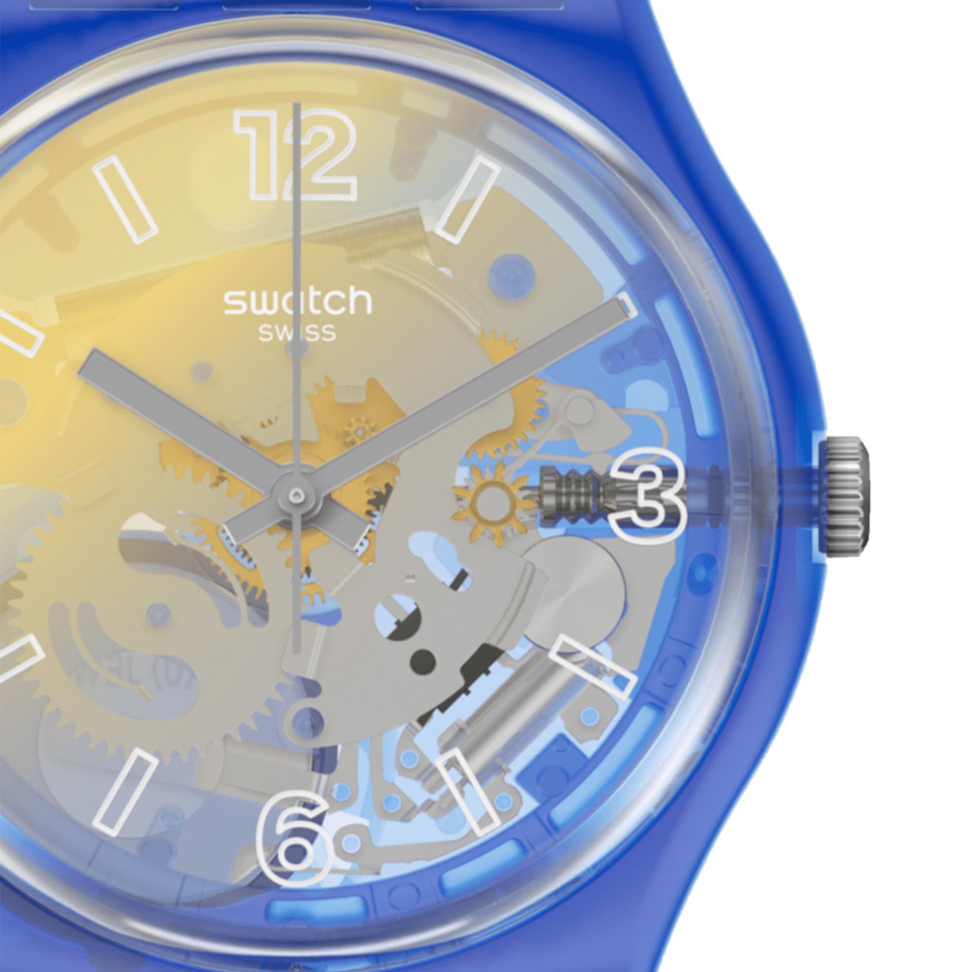 Swatch Yellow Disco Fever Quartz Multi Tonal Dial Blue Silicone Strap Watch GE278